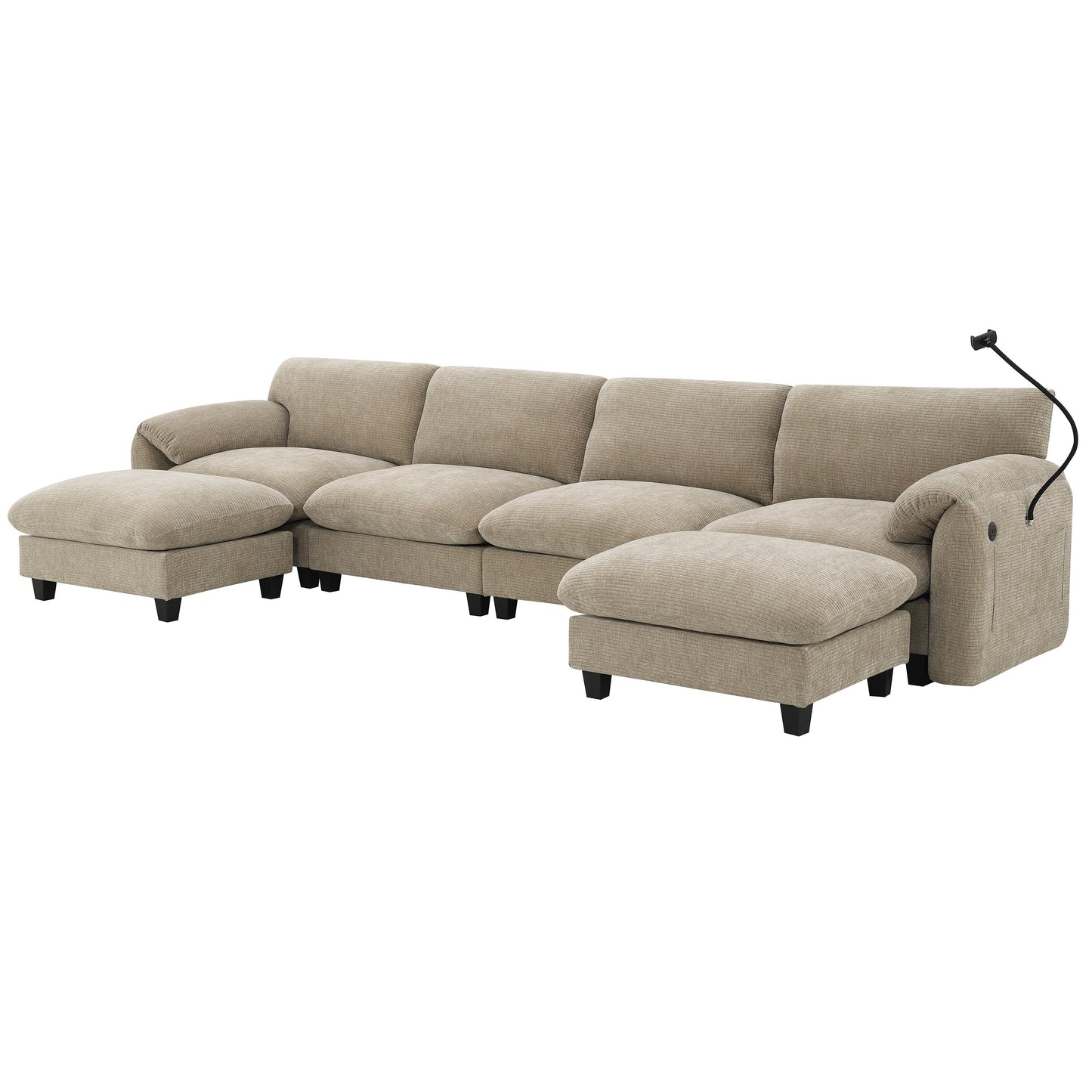 Canapé sectionnel en chenille de 140 pouces avec ports de chargement USB et Type-C, supports pour téléphone, poches de rangement latérales et poufs mobiles