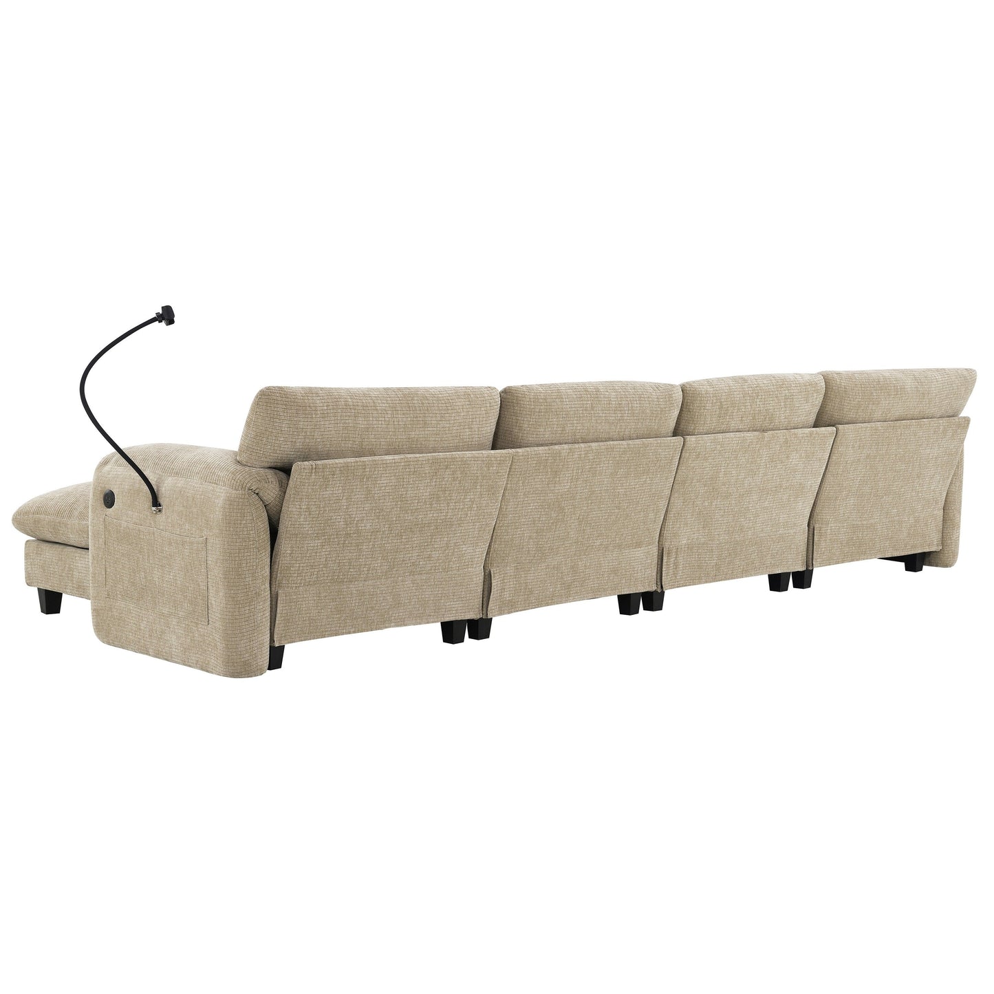 Canapé sectionnel en chenille de 140 pouces avec ports de chargement USB et Type-C, supports pour téléphone, poches de rangement latérales et poufs mobiles