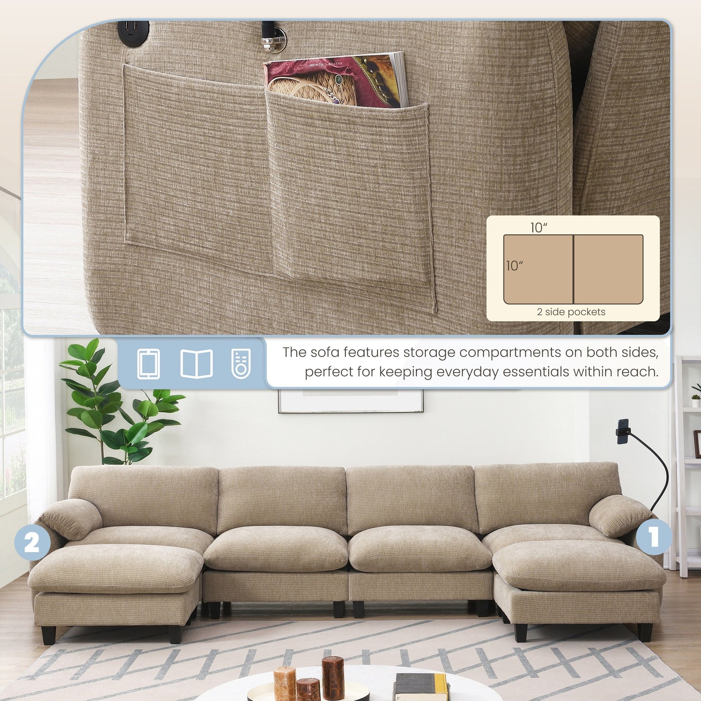 Canapé sectionnel en chenille de 140 pouces avec ports de chargement USB et Type-C, supports pour téléphone, poches de rangement latérales et poufs mobiles