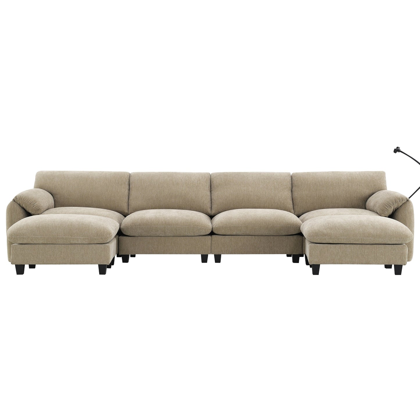 Canapé sectionnel en chenille de 140 pouces avec ports de chargement USB et Type-C, supports pour téléphone, poches de rangement latérales et poufs mobiles