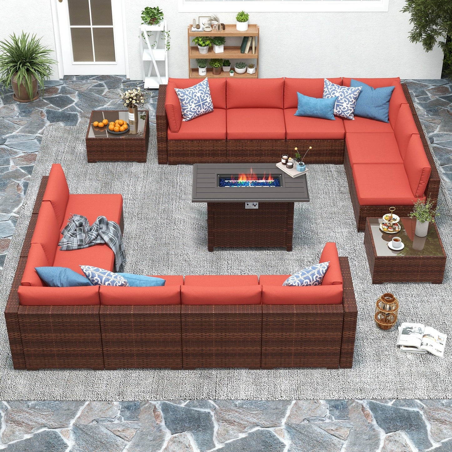 Ensemble de 15 meubles de patio en osier avec canapé, foyer et table