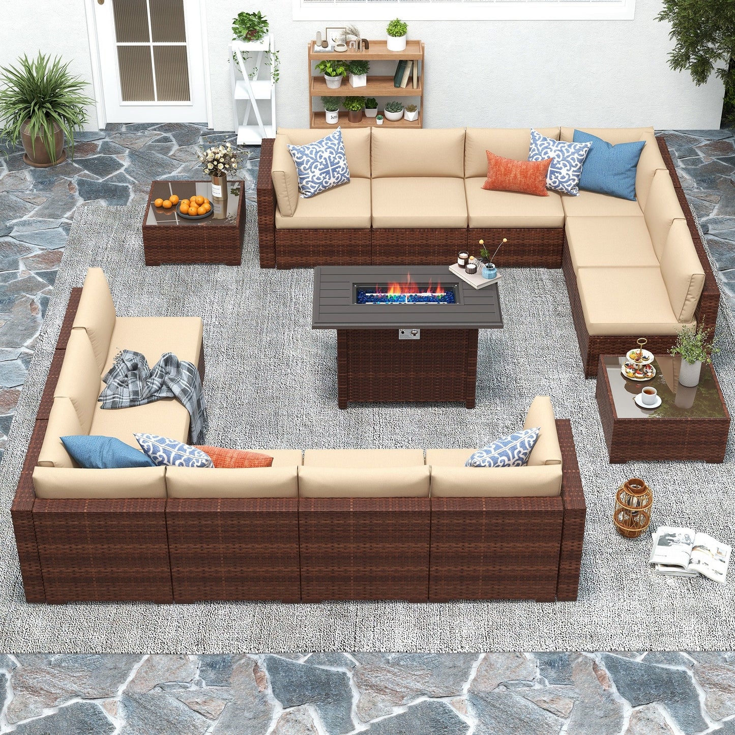 Ensemble de 15 meubles de patio en osier avec canapé, foyer et table