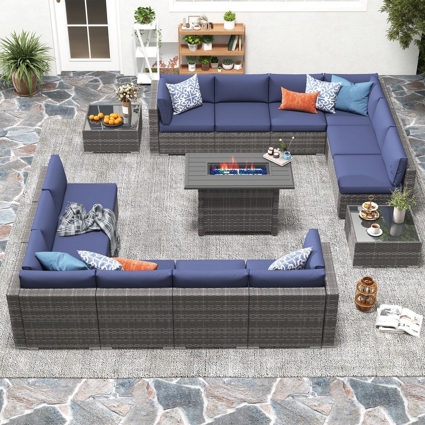 Ensemble de 15 meubles de patio en osier avec canapé, foyer et table