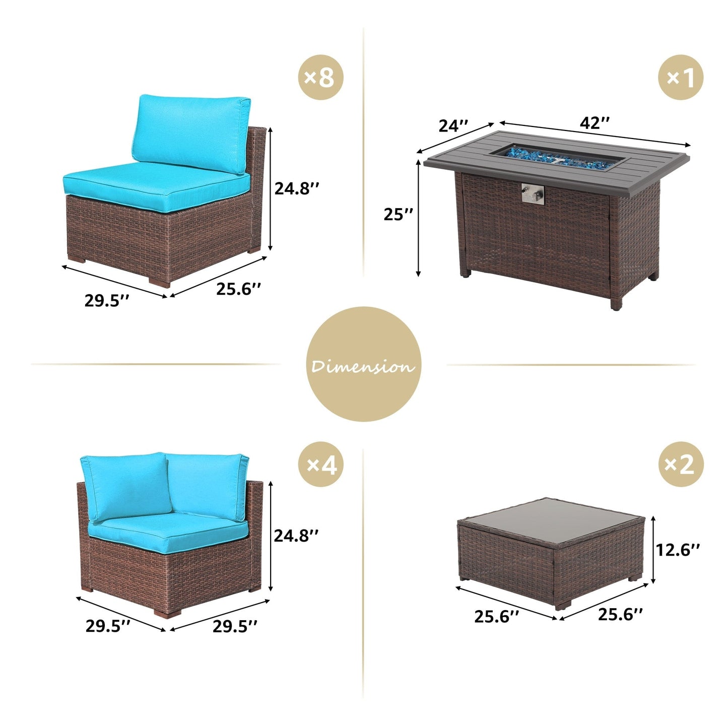 Ensemble de 15 meubles de patio en osier avec canapé, foyer et table