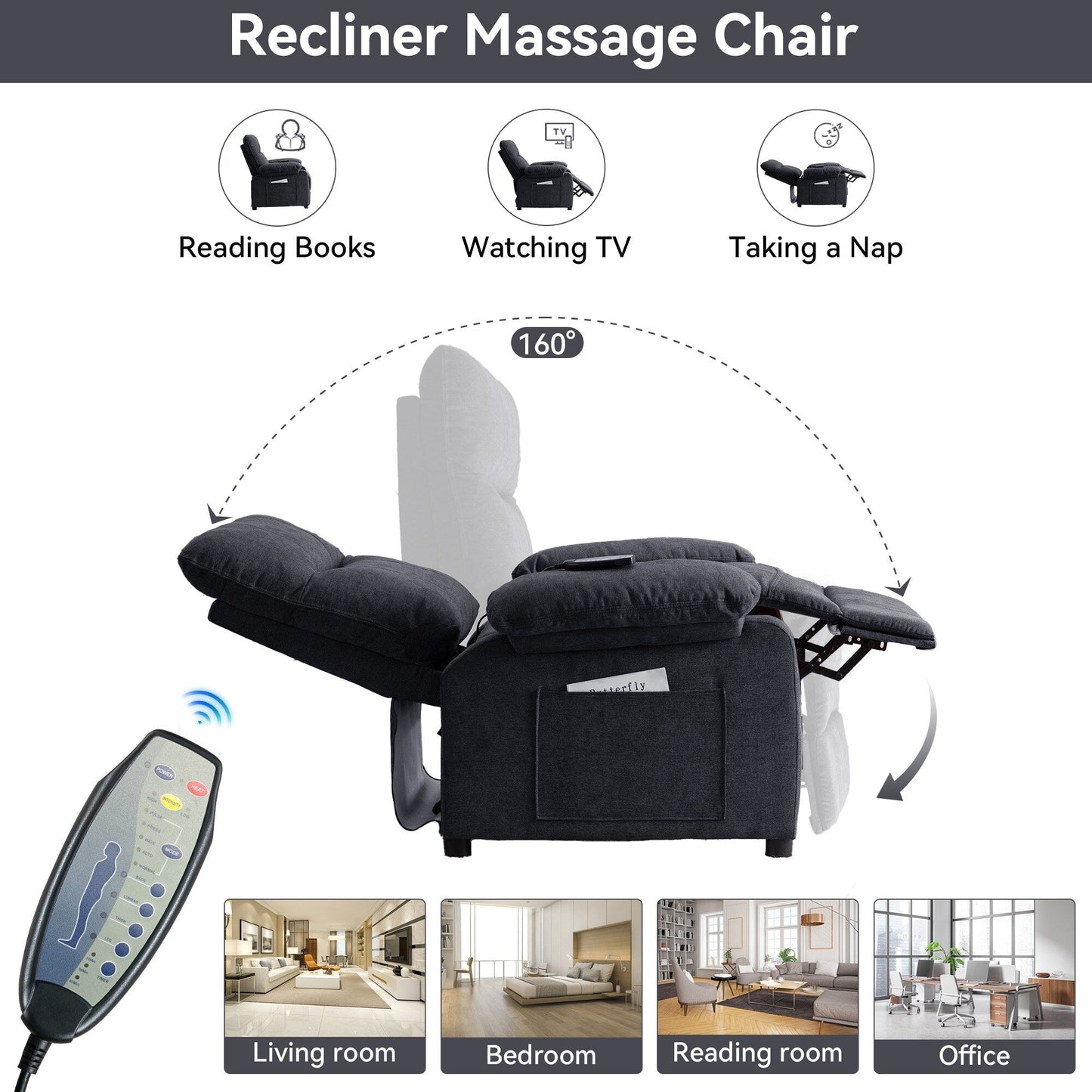 Fauteuil inclinable électrique à 160° pour personnes âgées, avec massage à 8 points, chauffage et tissu chenille doux