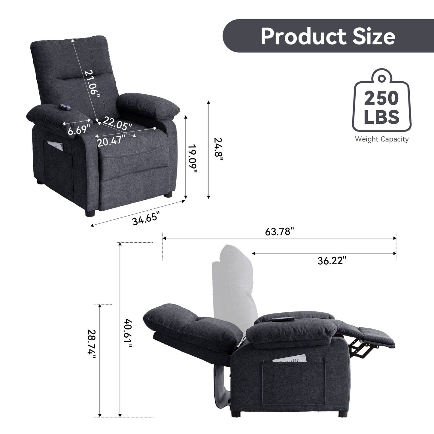 Fauteuil inclinable électrique à 160° pour personnes âgées, avec massage à 8 points, chauffage et tissu chenille doux