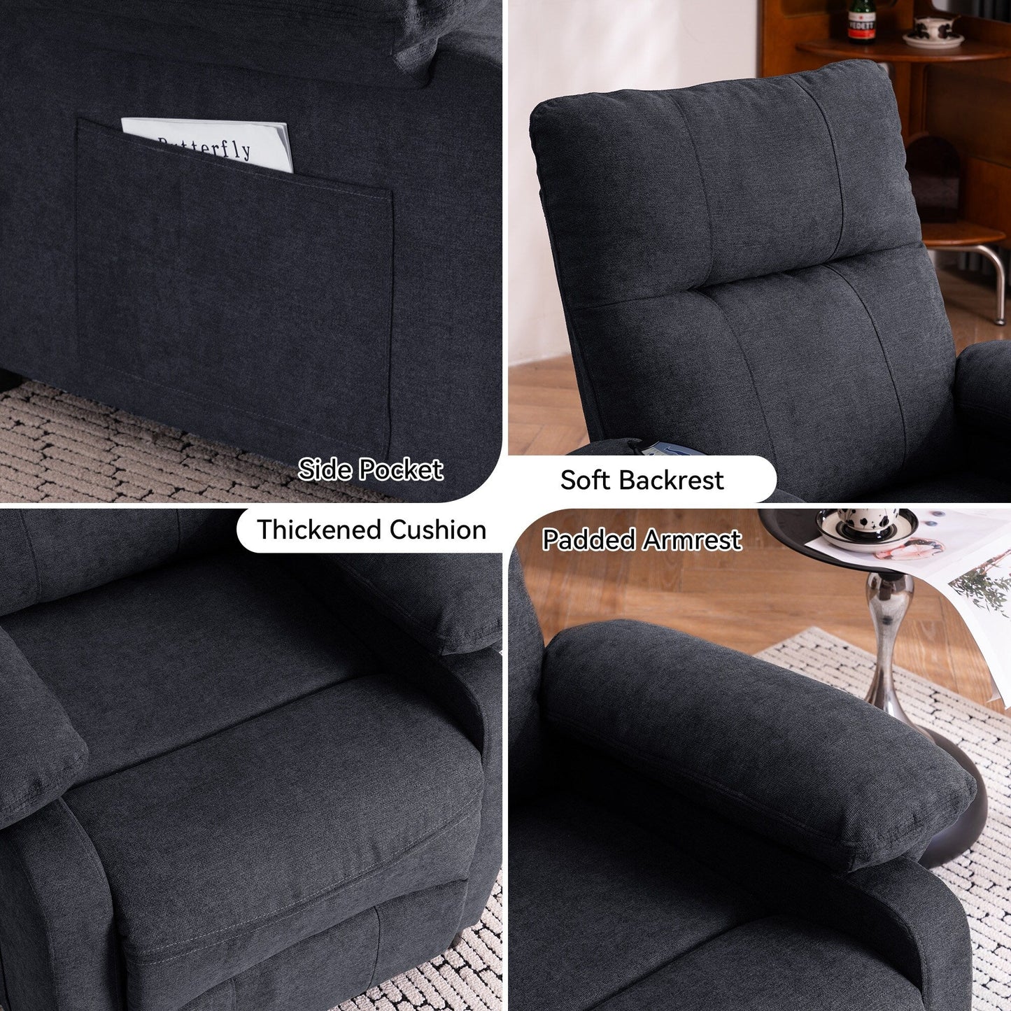 Fauteuil inclinable électrique à 160° pour personnes âgées, avec massage à 8 points, chauffage et tissu chenille doux