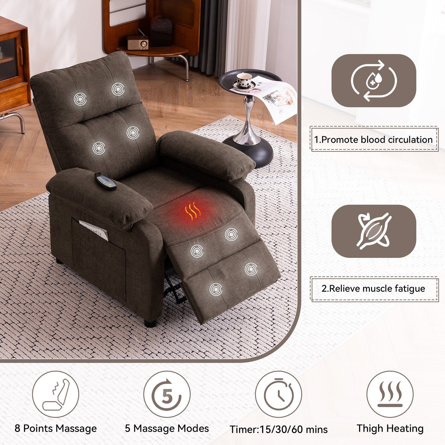 Fauteuil inclinable électrique à 160° pour personnes âgées, avec massage à 8 points, chauffage et tissu chenille doux