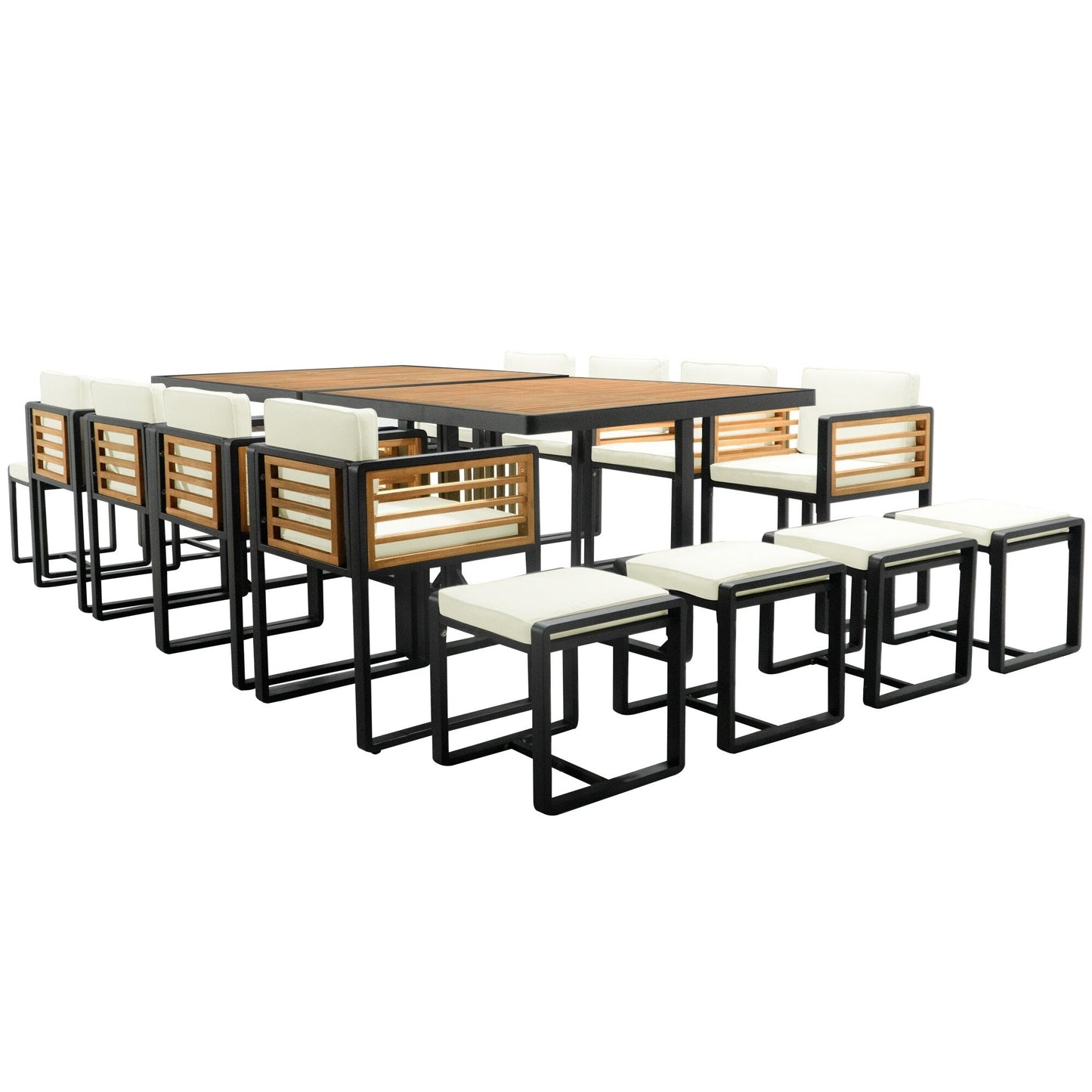 Ensemble de salle à manger de patio en bois d'acacia 18 pièces, 8 chaises rembourrées, 8 poufs et 2 tables carrées