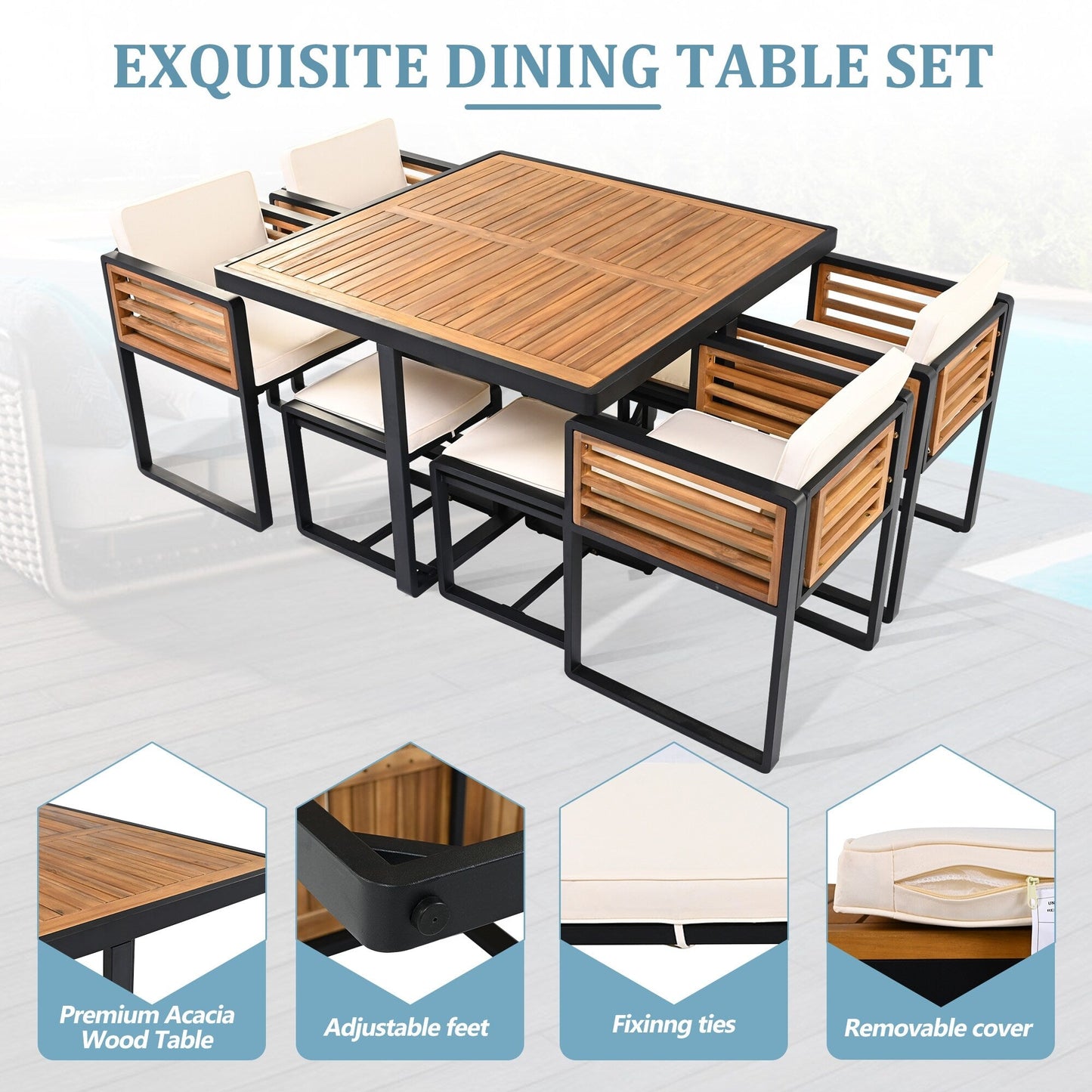 Ensemble de salle à manger de patio en bois d'acacia 18 pièces, 8 chaises rembourrées, 8 poufs et 2 tables carrées