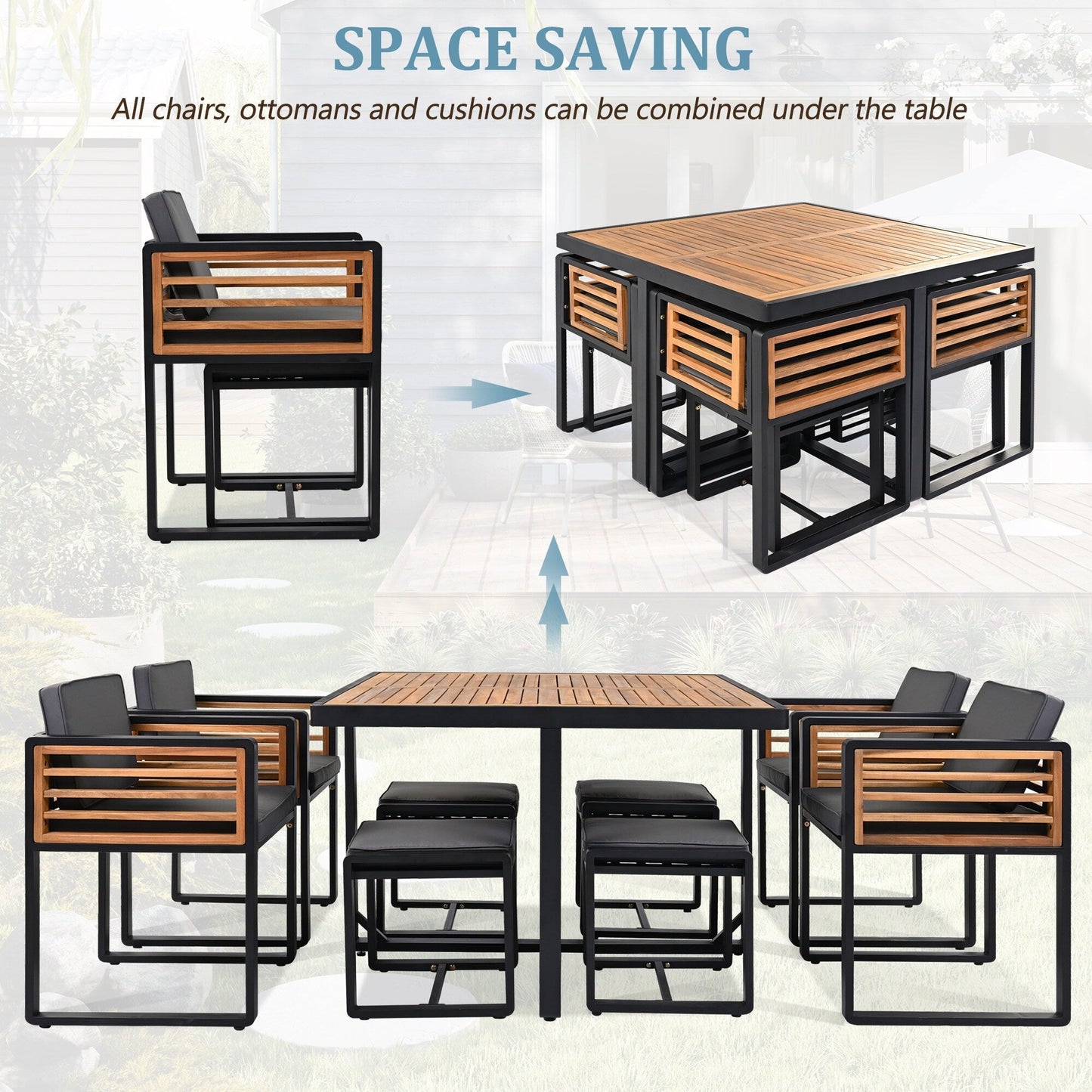Ensemble de salle à manger de patio en bois d'acacia 18 pièces, 8 chaises rembourrées, 8 poufs et 2 tables carrées