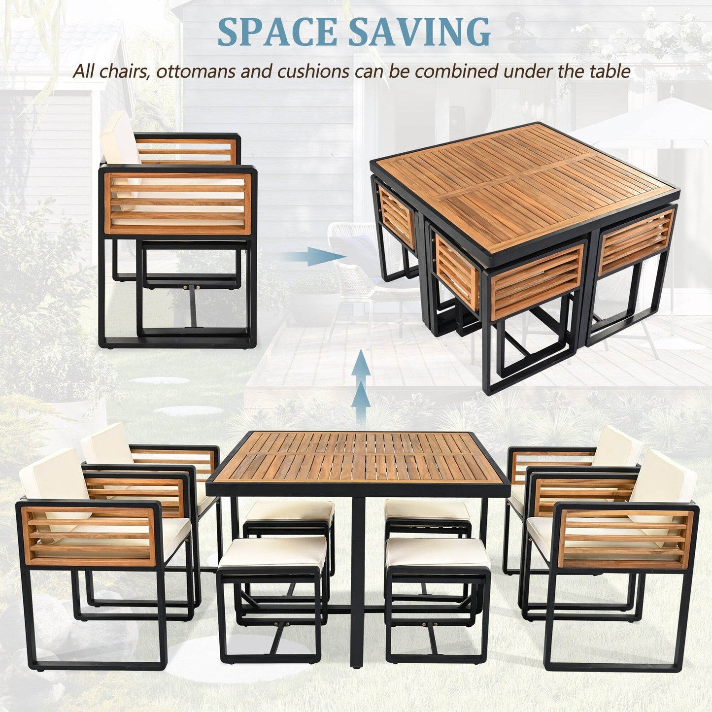 Ensemble de salle à manger de patio en bois d'acacia 18 pièces, 8 chaises rembourrées, 8 poufs et 2 tables carrées