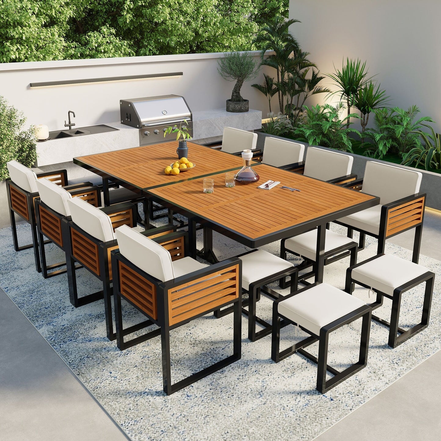 Ensemble de salle à manger de patio en bois d'acacia 18 pièces, 8 chaises rembourrées, 8 poufs et 2 tables carrées
