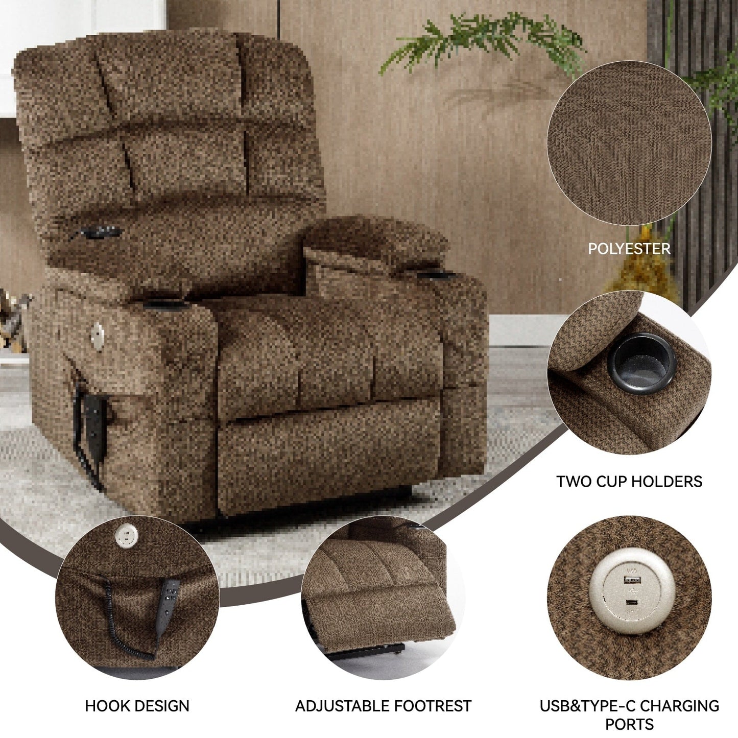 Fauteuil inclinable électrique à 180° avec massage et chauffage, deux porte-gobelets