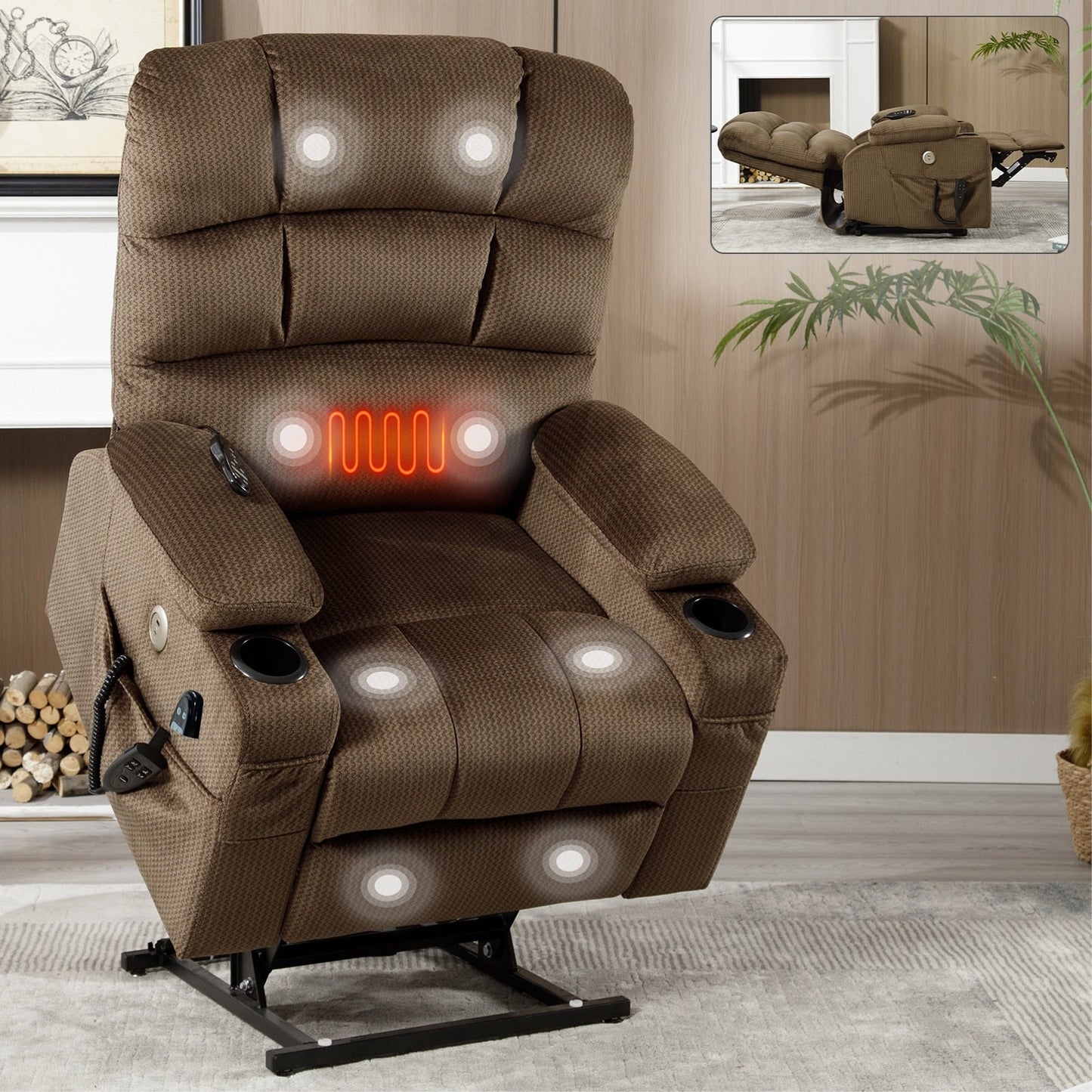 Fauteuil inclinable électrique à 180° avec massage et chauffage, deux porte-gobelets