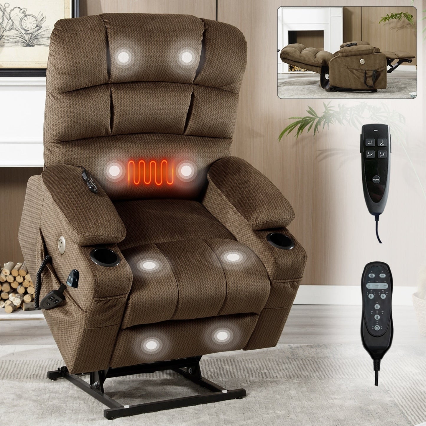 Fauteuil inclinable électrique à 180° avec massage et chauffage, deux porte-gobelets