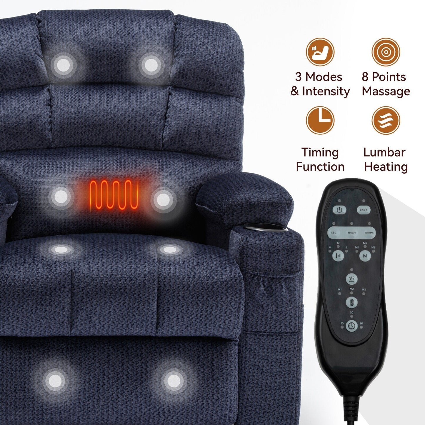 Fauteuil inclinable électrique à 180° avec massage et chauffage, deux porte-gobelets