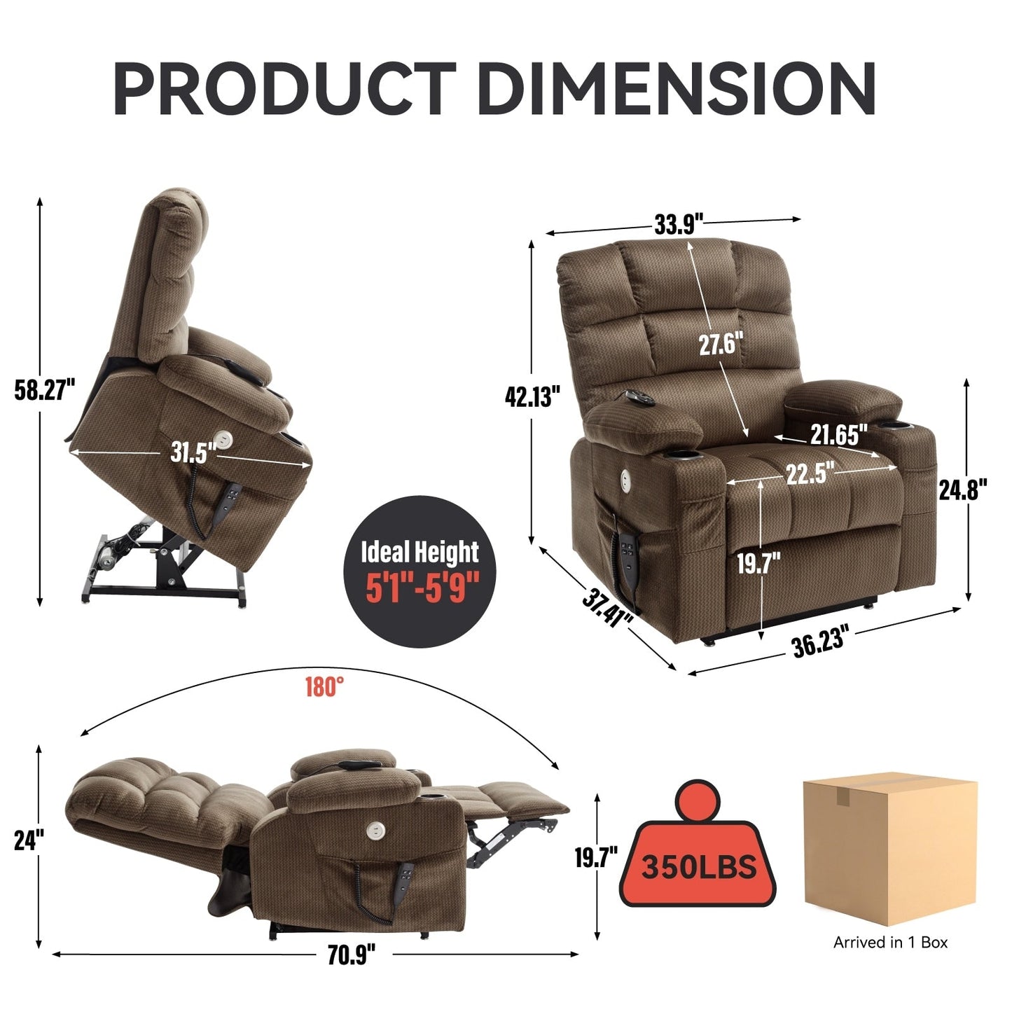 Fauteuil inclinable électrique à 180° avec massage et chauffage, deux porte-gobelets