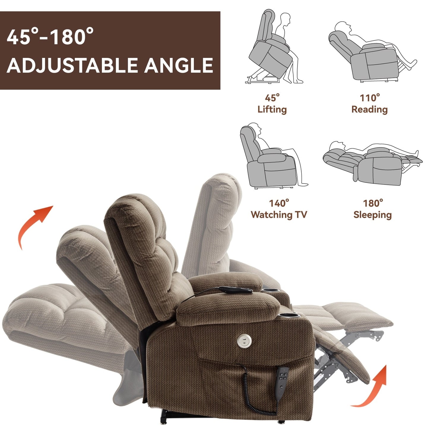 Fauteuil inclinable électrique à 180° avec massage et chauffage, deux porte-gobelets