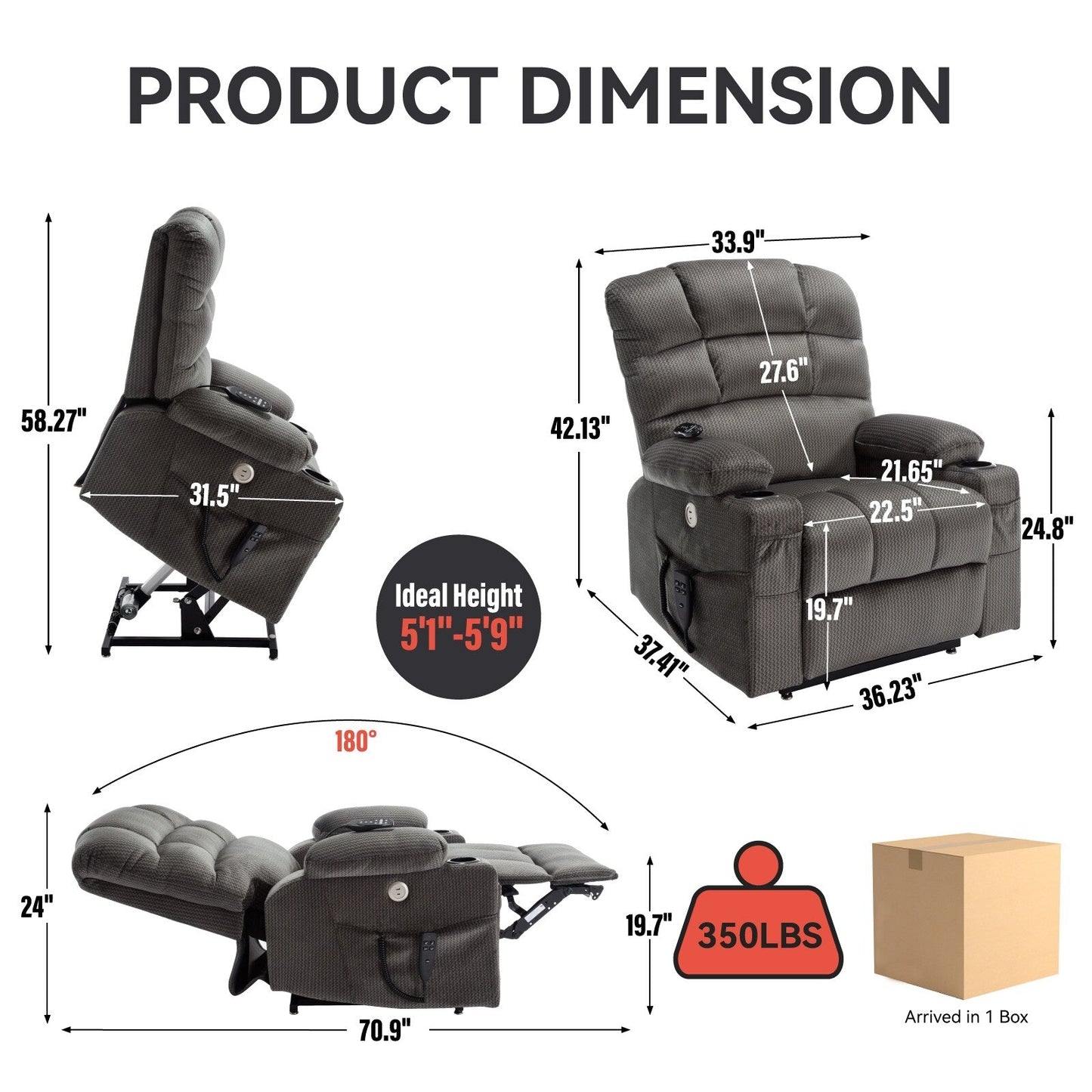 Fauteuil inclinable électrique à 180° avec massage et chauffage, deux porte-gobelets