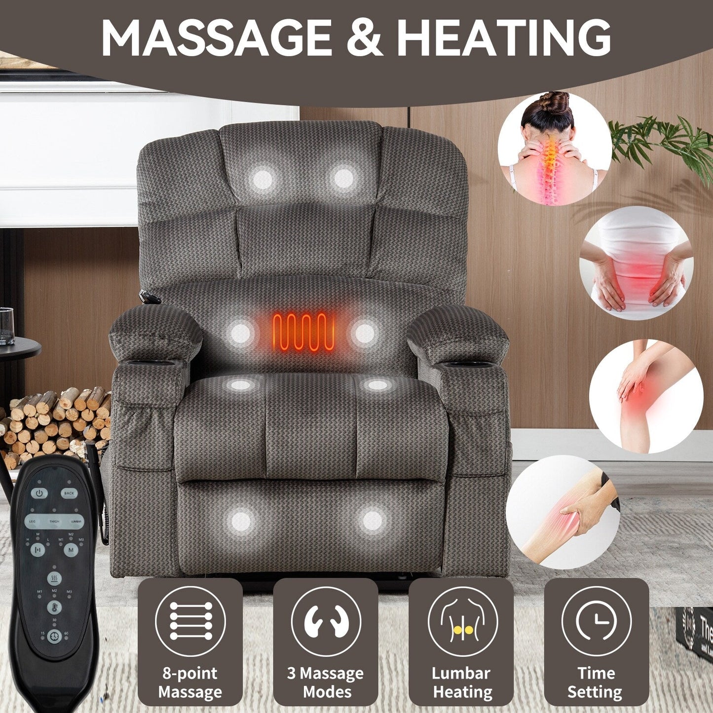 Fauteuil inclinable électrique à 180° avec massage et chauffage, deux porte-gobelets