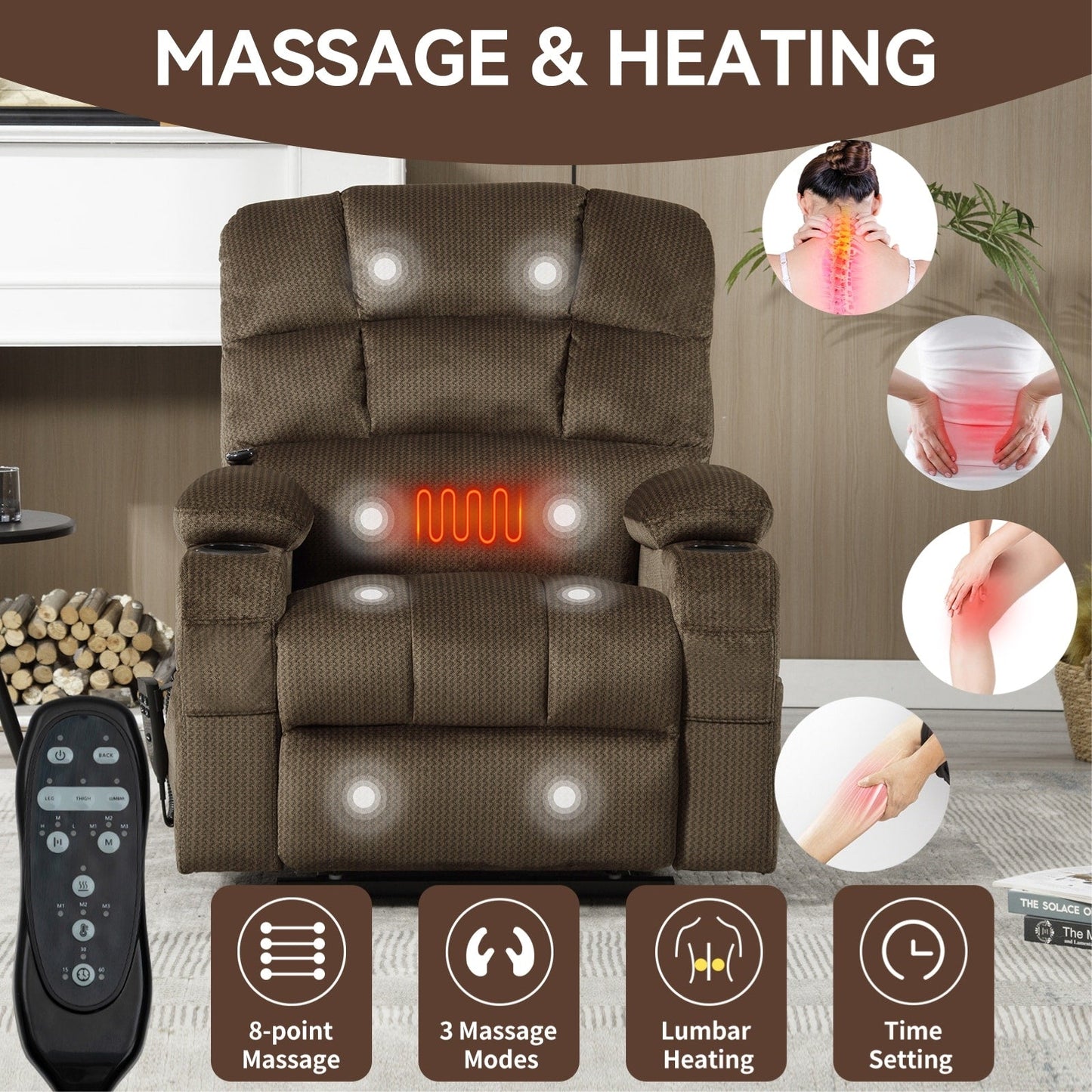 Fauteuil inclinable électrique à 180° avec massage et chauffage, deux porte-gobelets