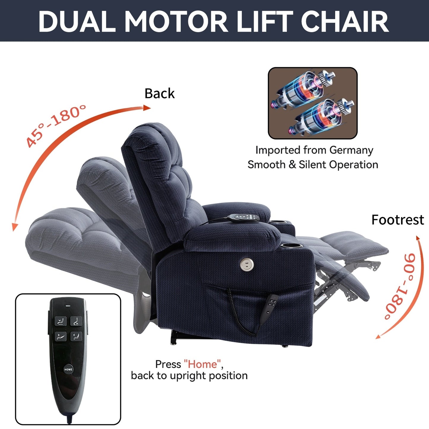 Fauteuil inclinable électrique à 180° avec massage et chauffage, deux porte-gobelets