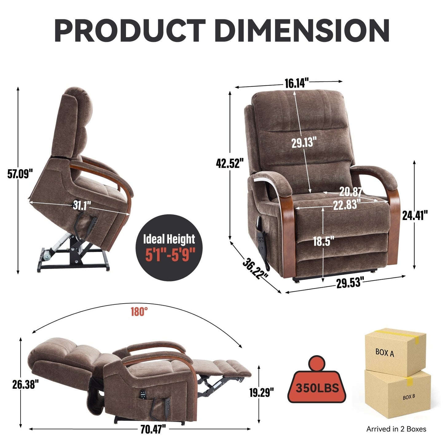 Fauteuil inclinable électrique à 180° avec massage et chauffage, accoudoirs en bois massif