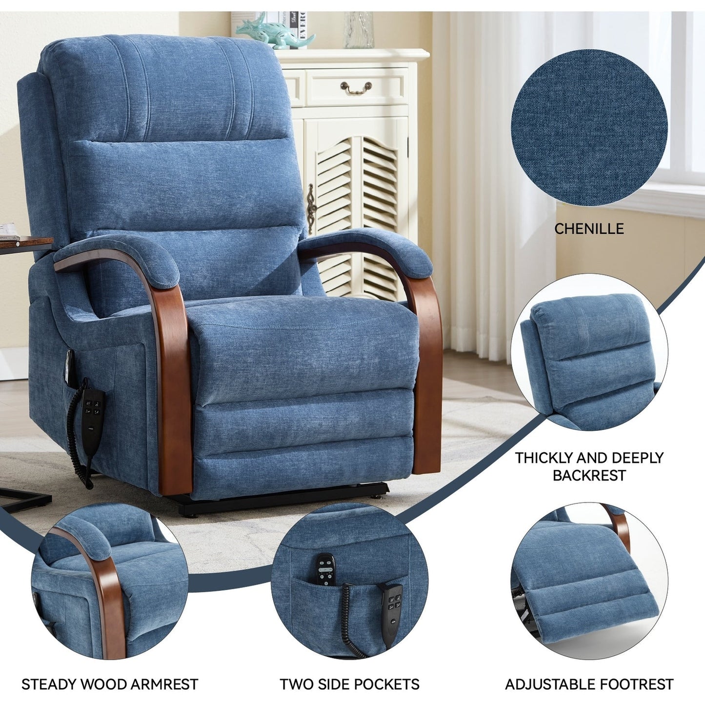 Fauteuil inclinable électrique à 180° avec massage et chauffage, accoudoirs en bois massif