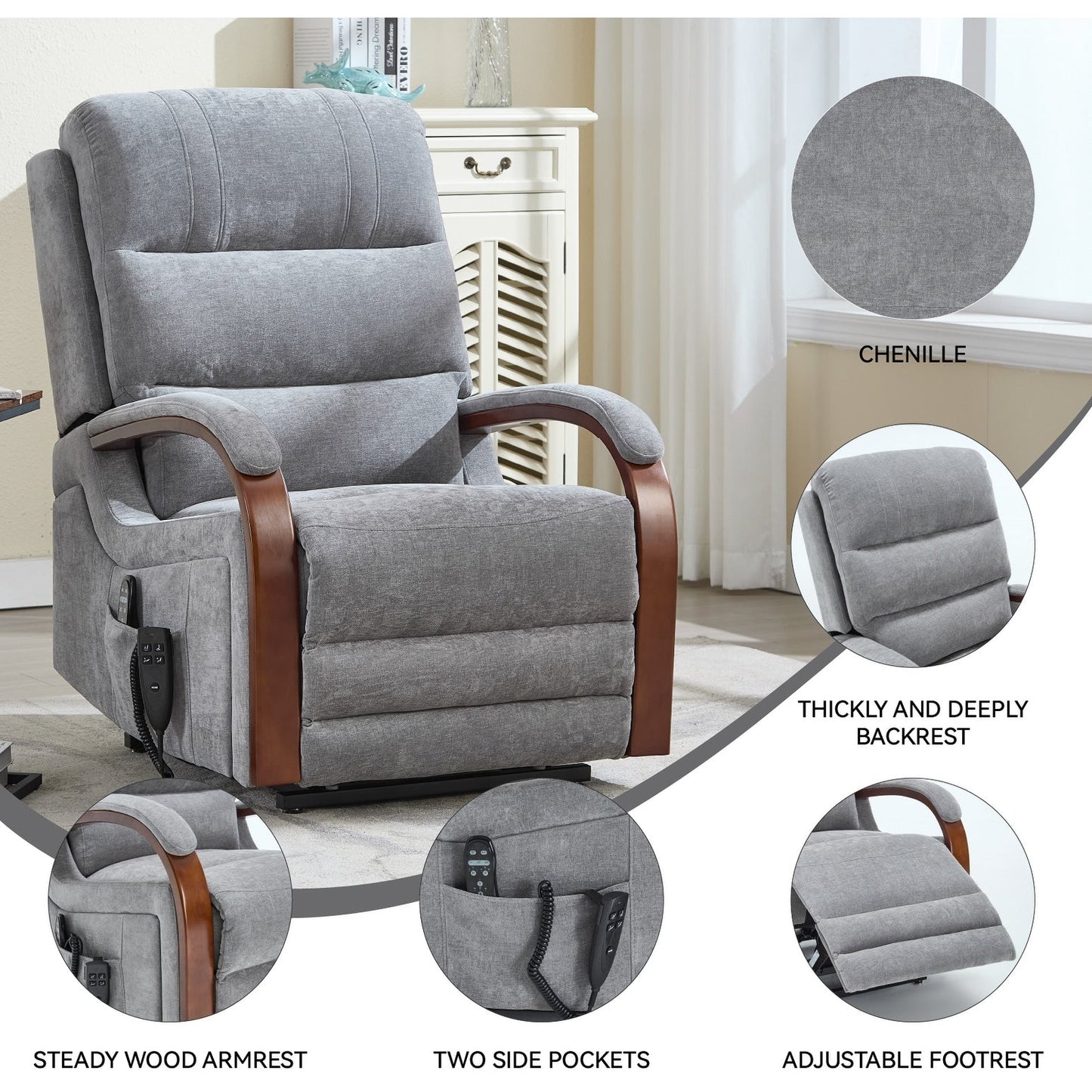 Fauteuil inclinable électrique à 180° avec massage et chauffage, accoudoirs en bois massif