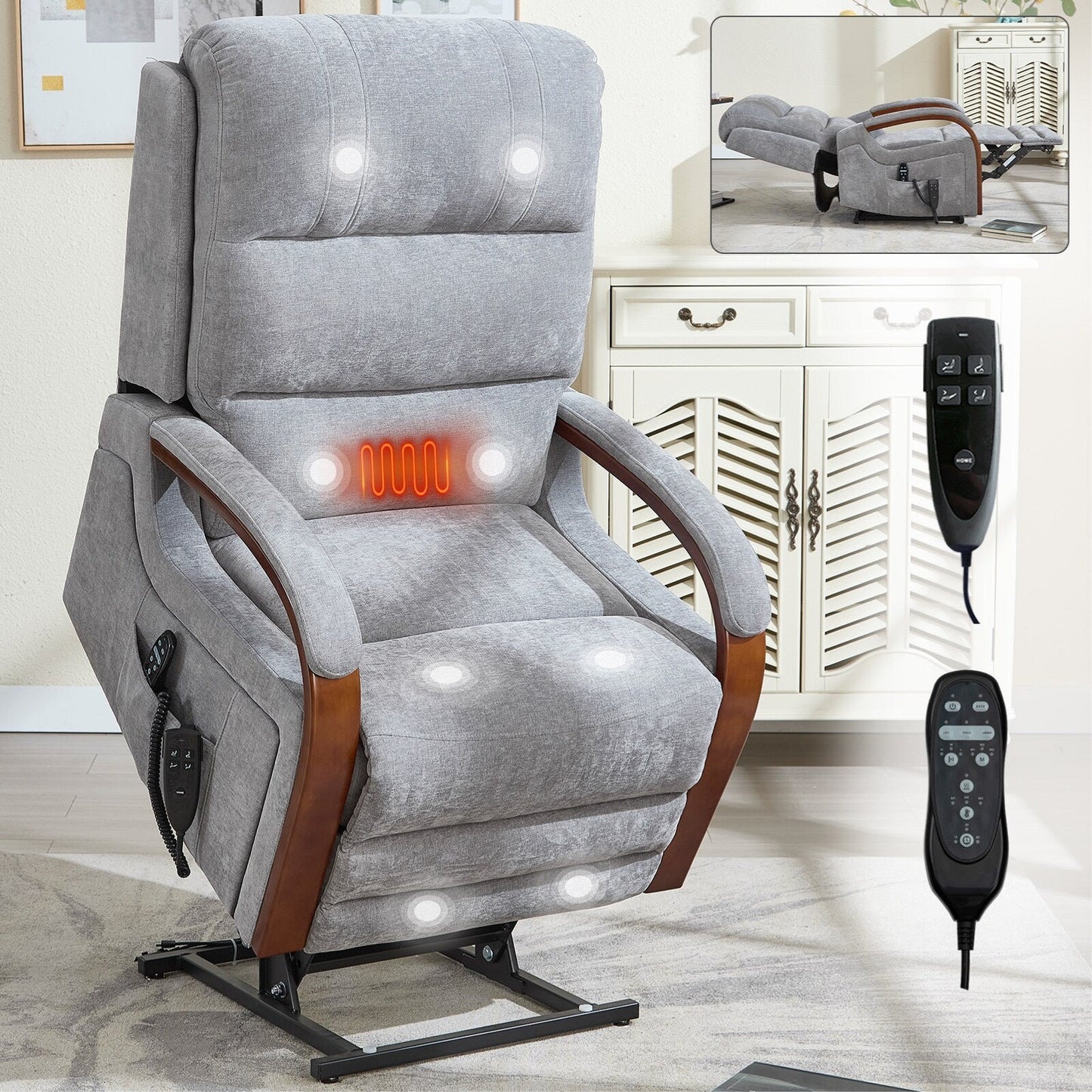 Fauteuil inclinable électrique à 180° avec massage et chauffage, accoudoirs en bois massif
