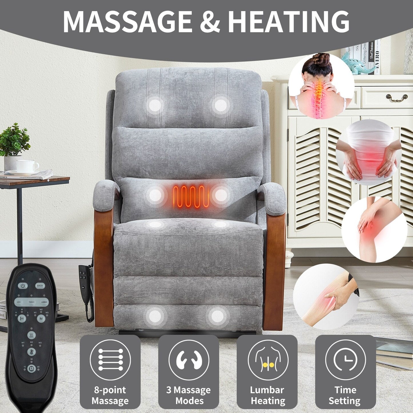 Fauteuil inclinable électrique à 180° avec massage et chauffage, accoudoirs en bois massif