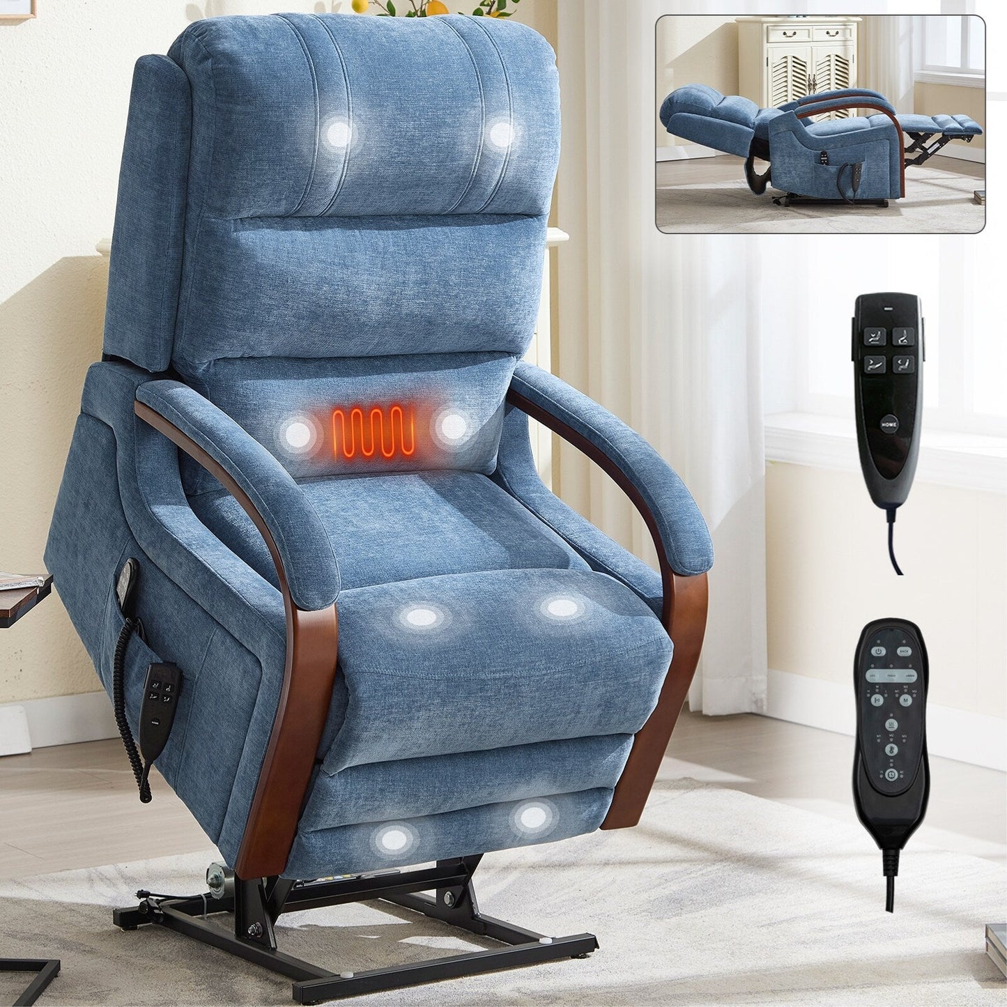 Fauteuil inclinable électrique à 180° avec massage et chauffage, accoudoirs en bois massif