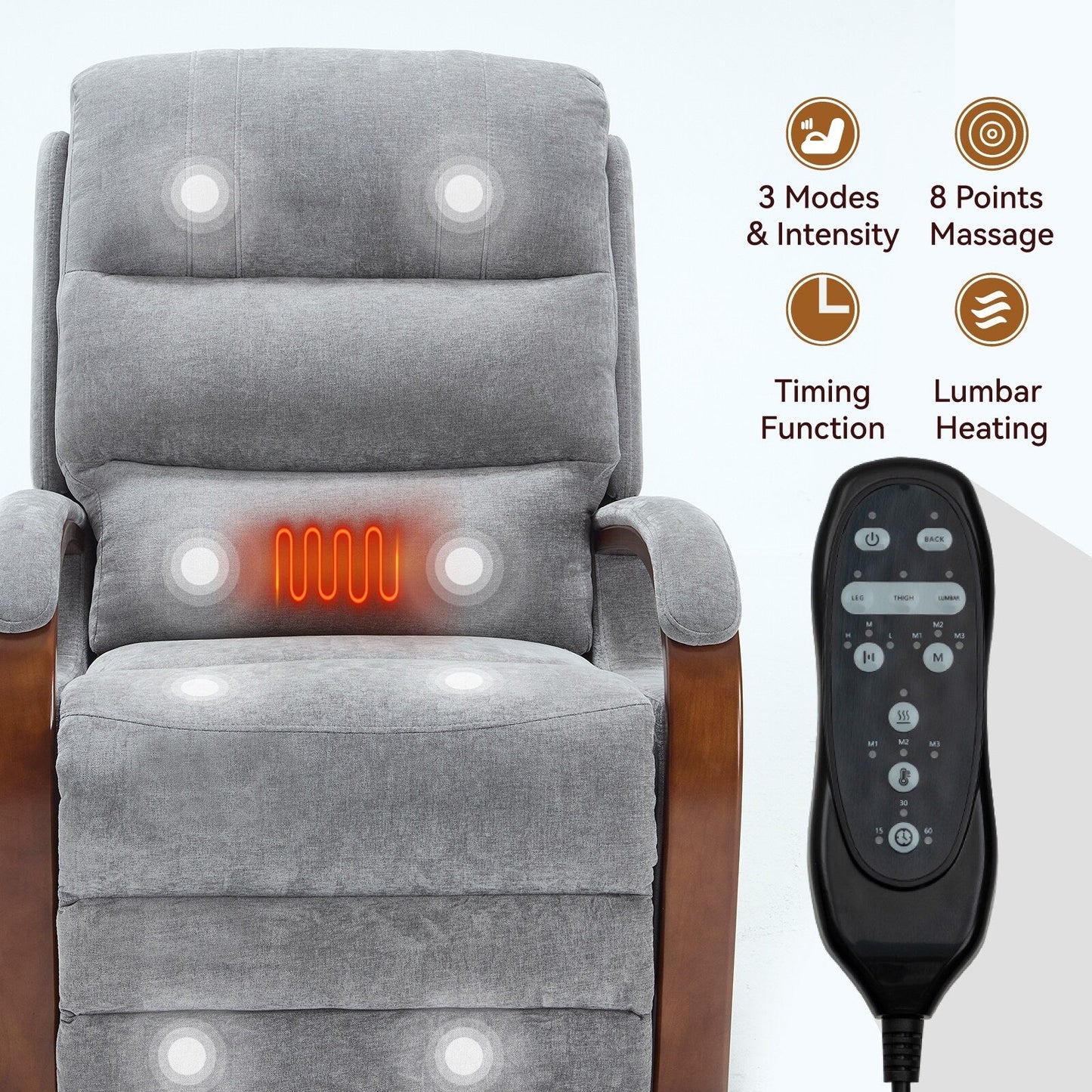 Fauteuil inclinable électrique à 180° avec massage et chauffage, accoudoirs en bois massif