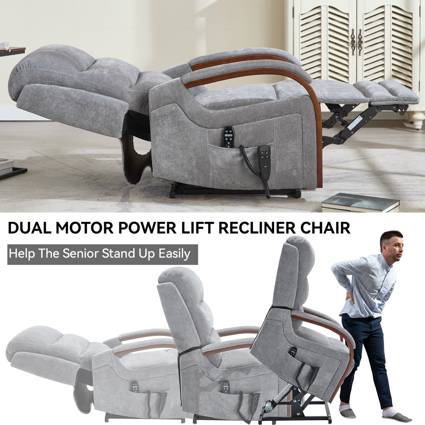 Fauteuil inclinable électrique à 180° avec massage et chauffage, accoudoirs en bois massif