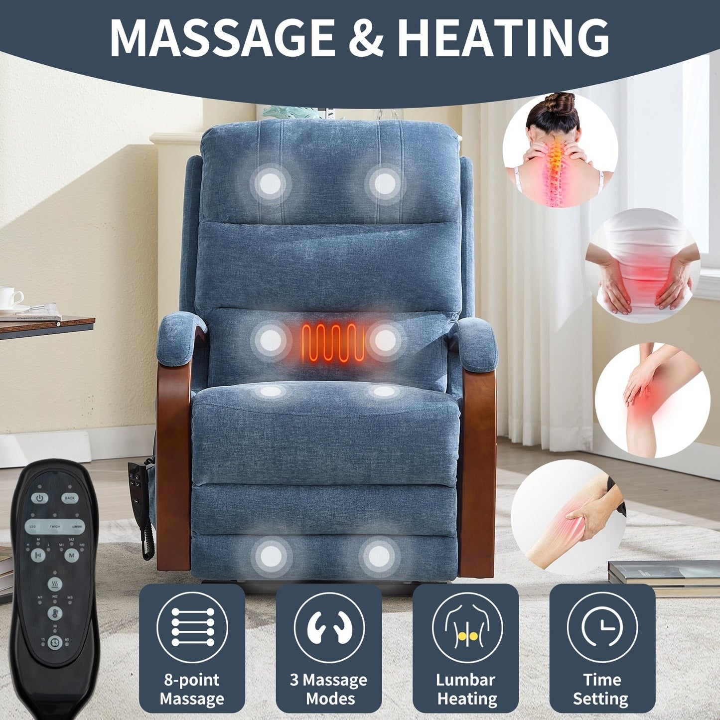 Fauteuil inclinable électrique à 180° avec massage et chauffage, accoudoirs en bois massif