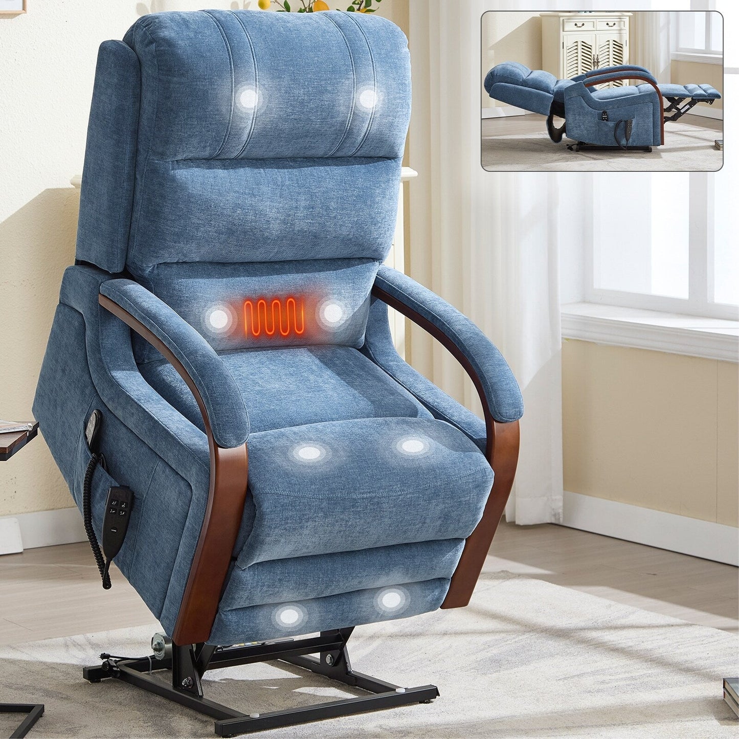 Fauteuil inclinable électrique à 180° avec massage et chauffage, accoudoirs en bois massif