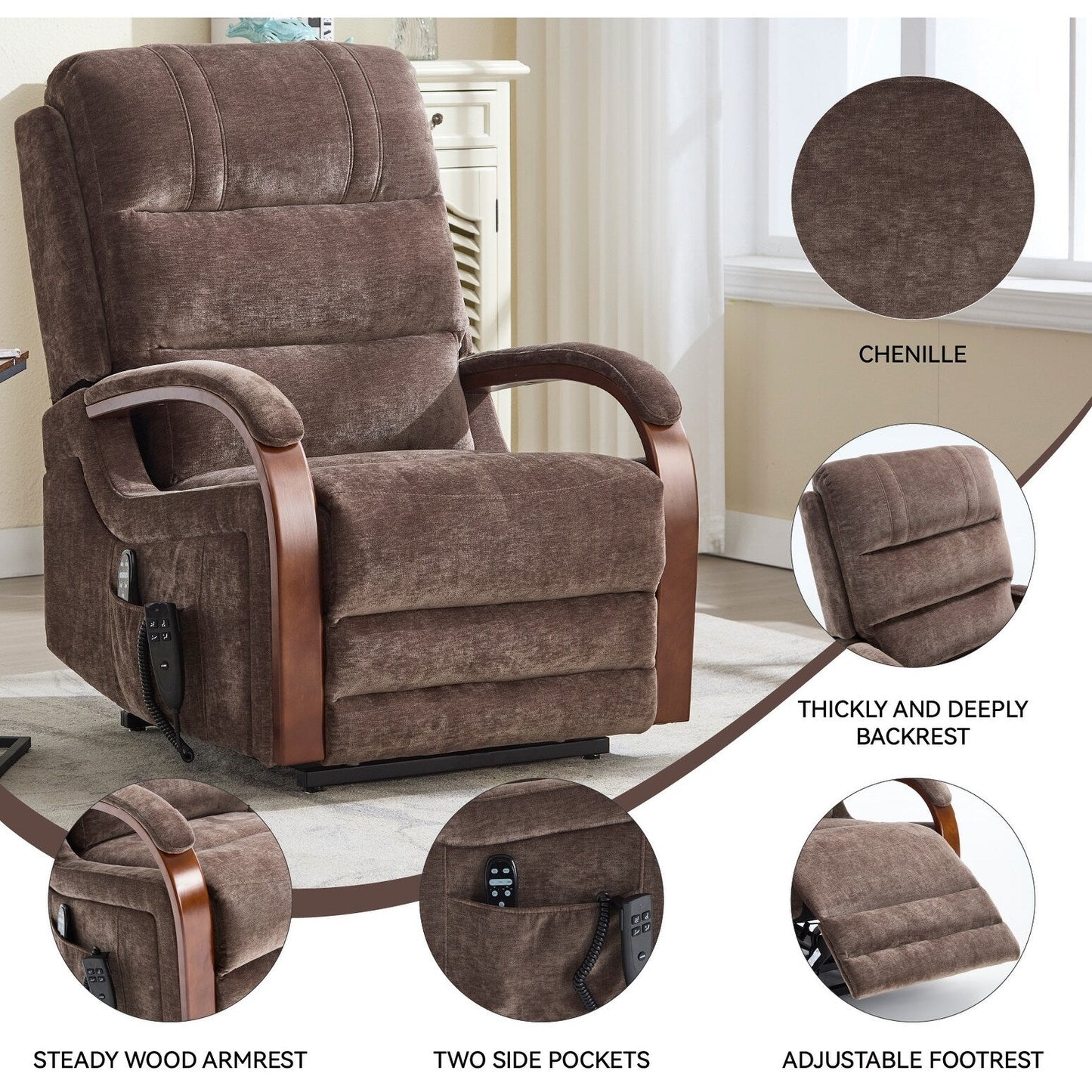 Fauteuil inclinable électrique à 180° avec massage et chauffage, accoudoirs en bois massif