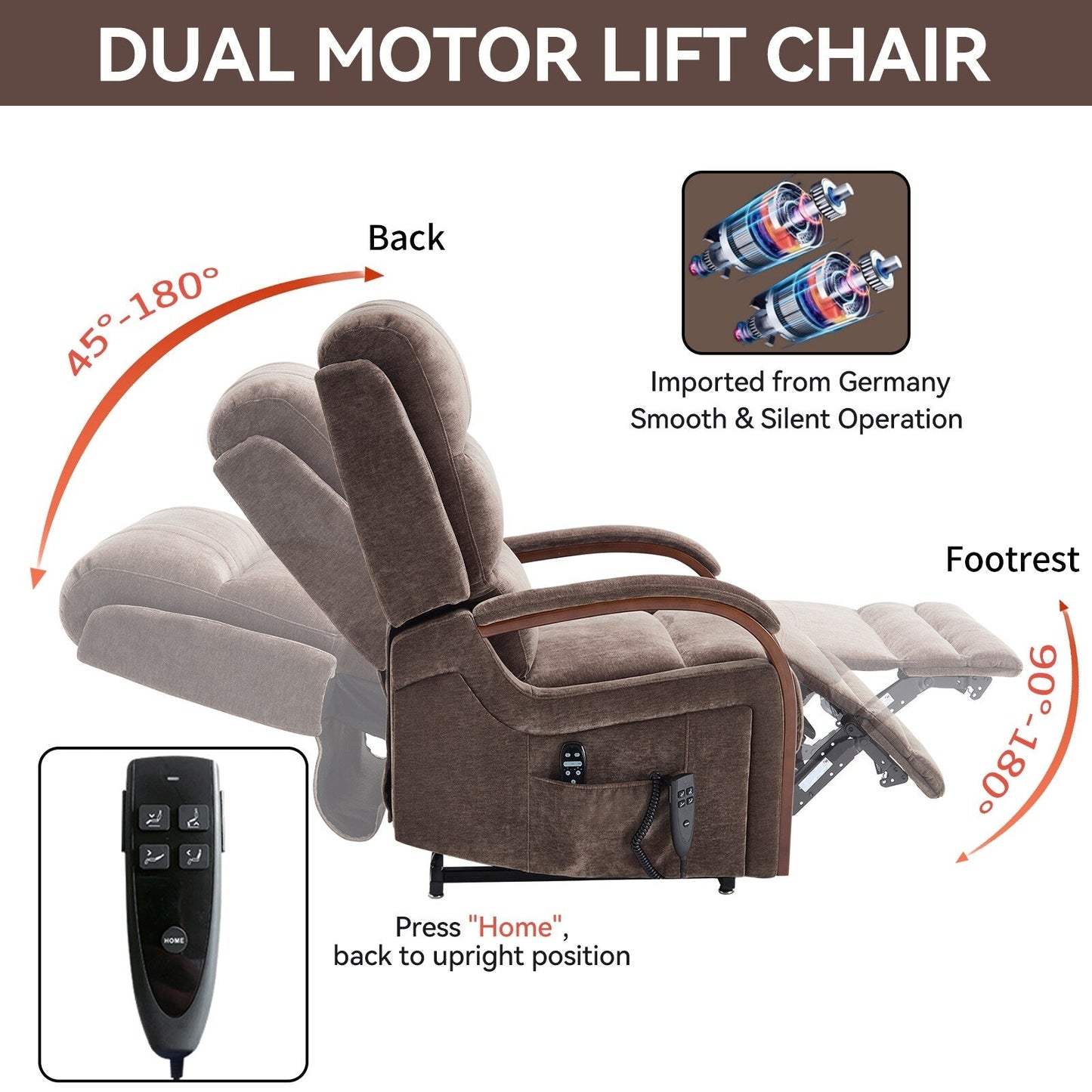 Fauteuil inclinable électrique à 180° avec massage et chauffage, accoudoirs en bois massif