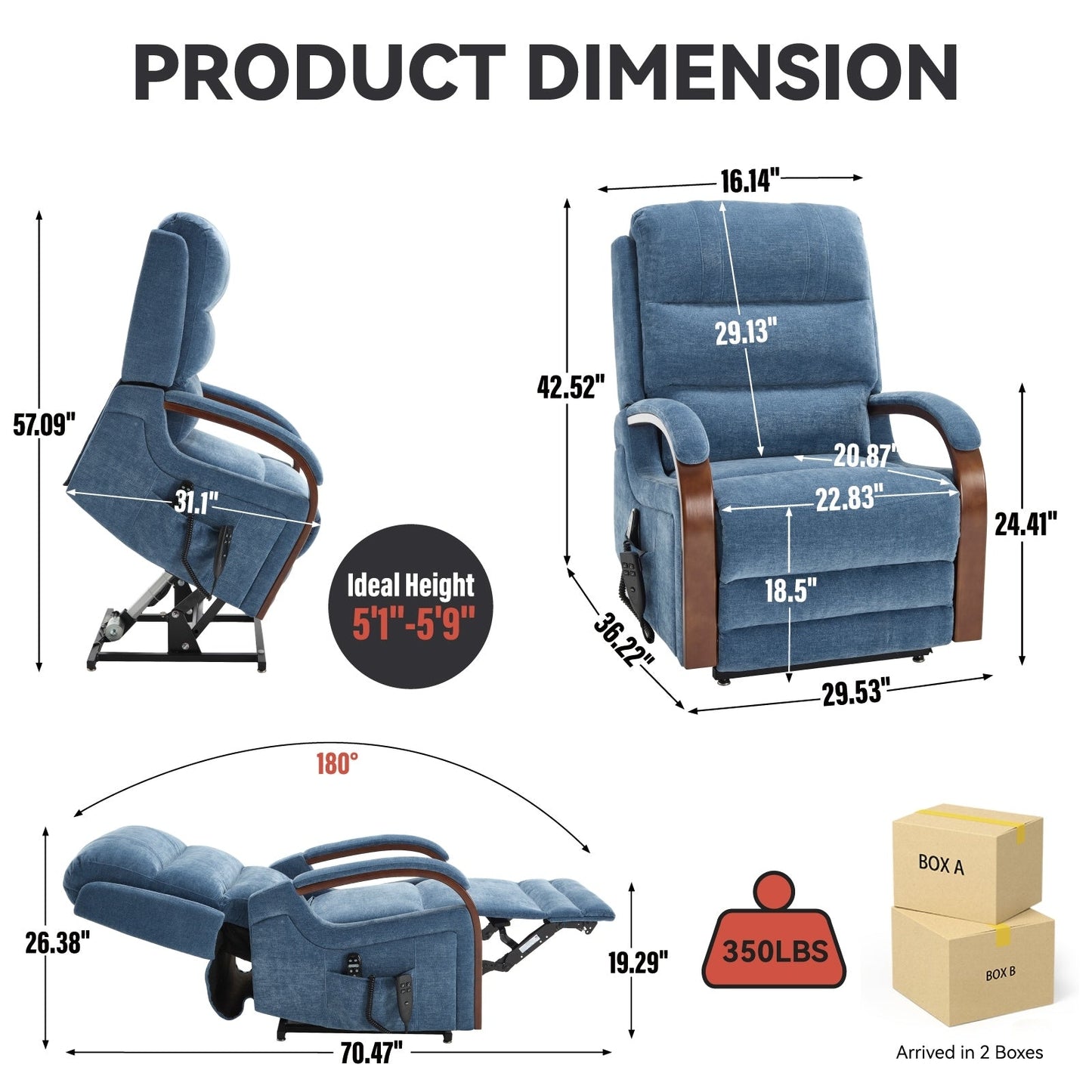 Fauteuil inclinable électrique à 180° avec massage et chauffage, accoudoirs en bois massif
