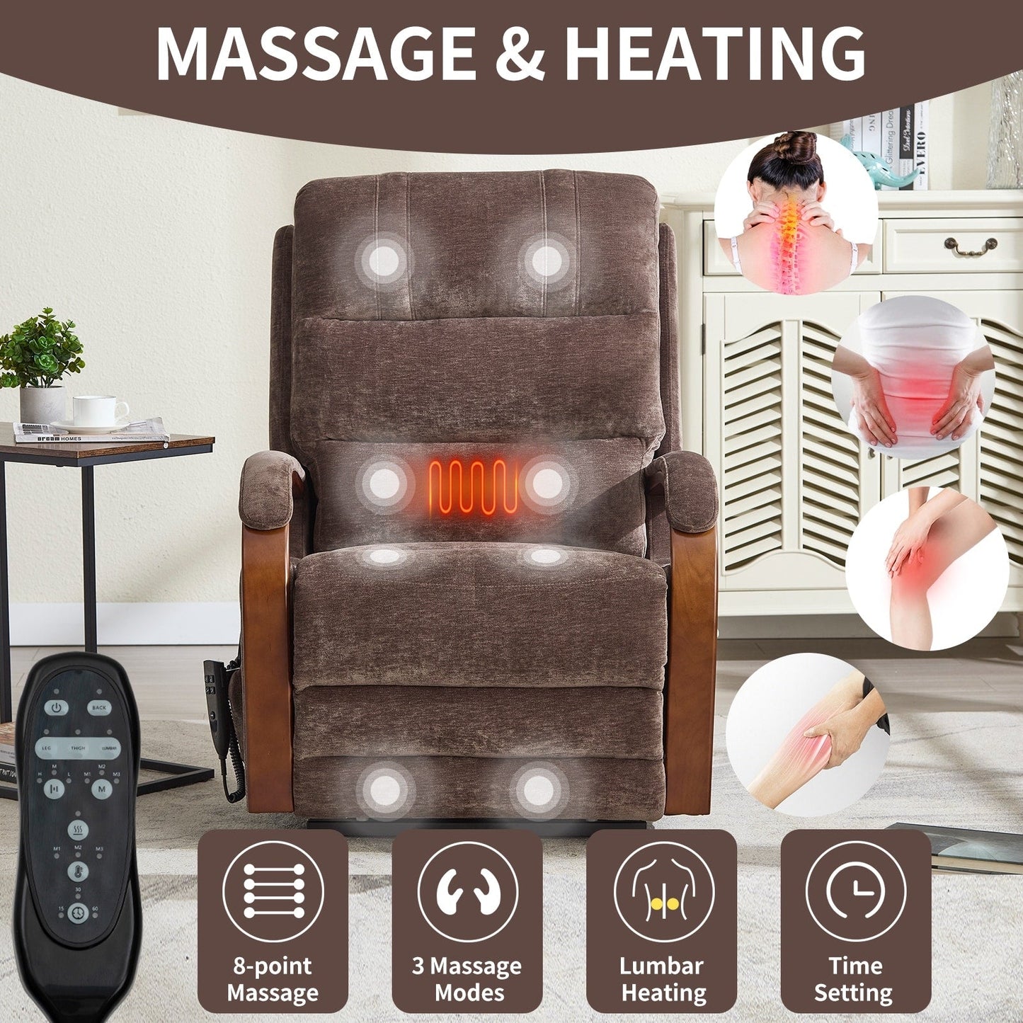 Fauteuil inclinable électrique à 180° avec massage et chauffage, accoudoirs en bois massif