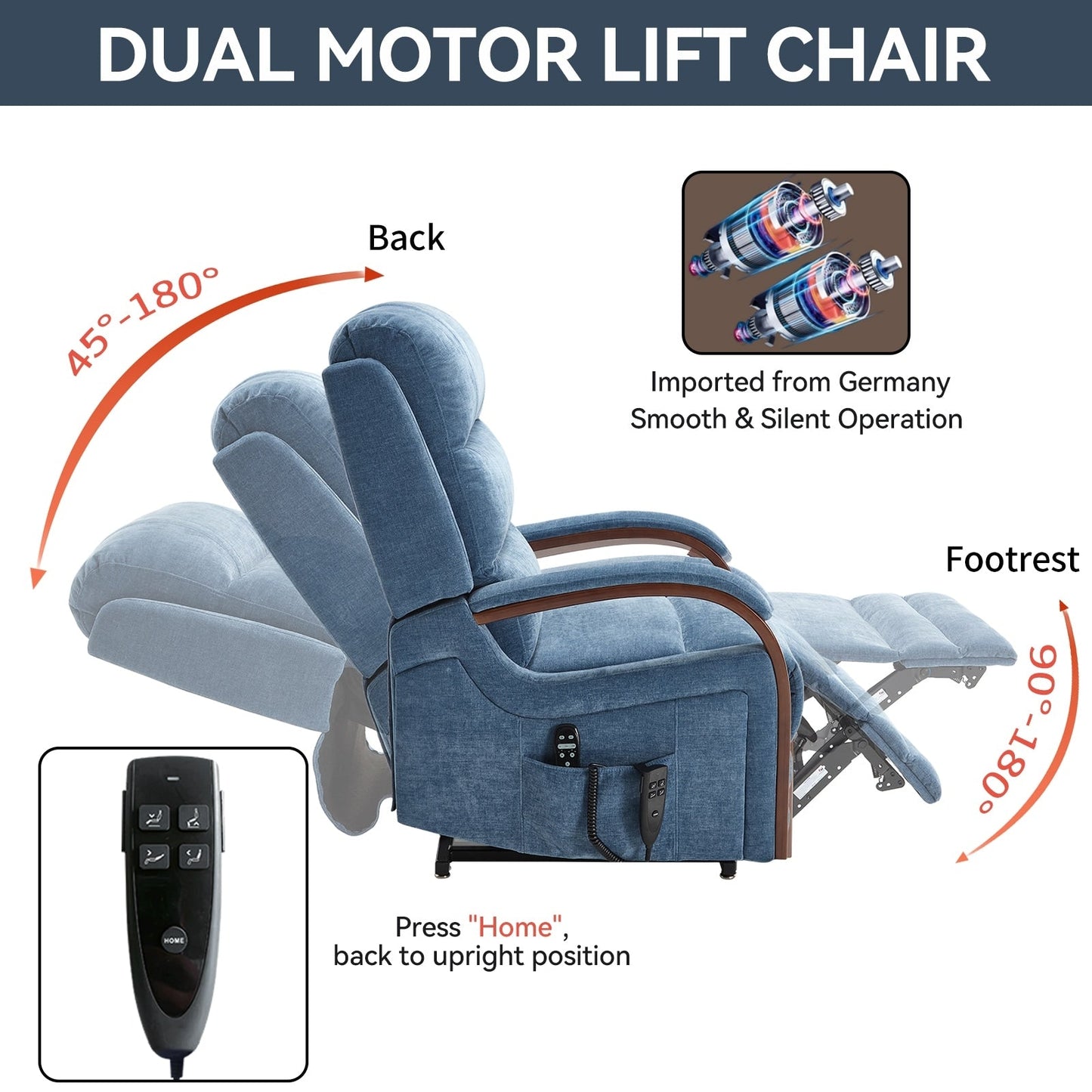 Fauteuil inclinable électrique à 180° avec massage et chauffage, accoudoirs en bois massif