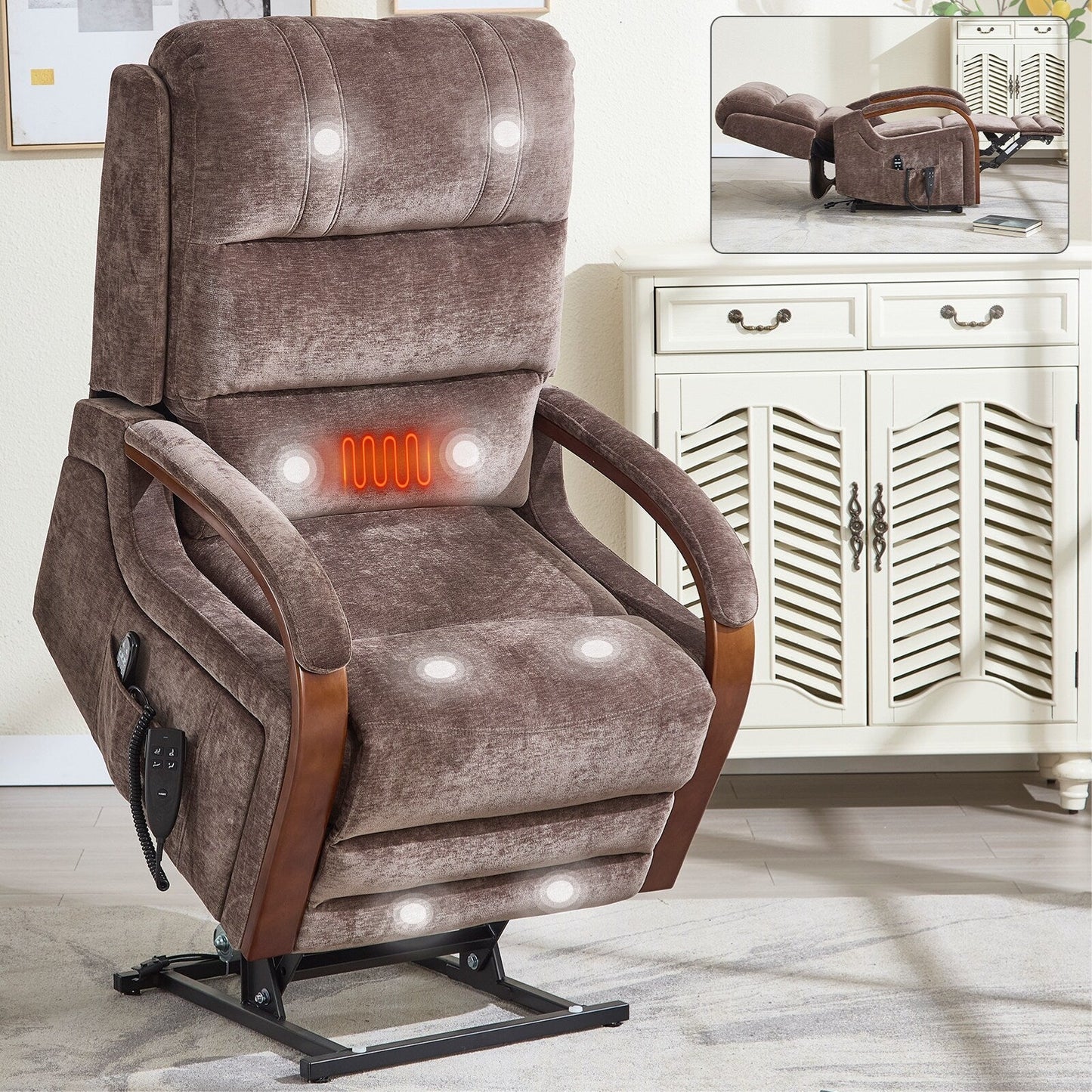 Fauteuil inclinable électrique à 180° avec massage et chauffage, accoudoirs en bois massif
