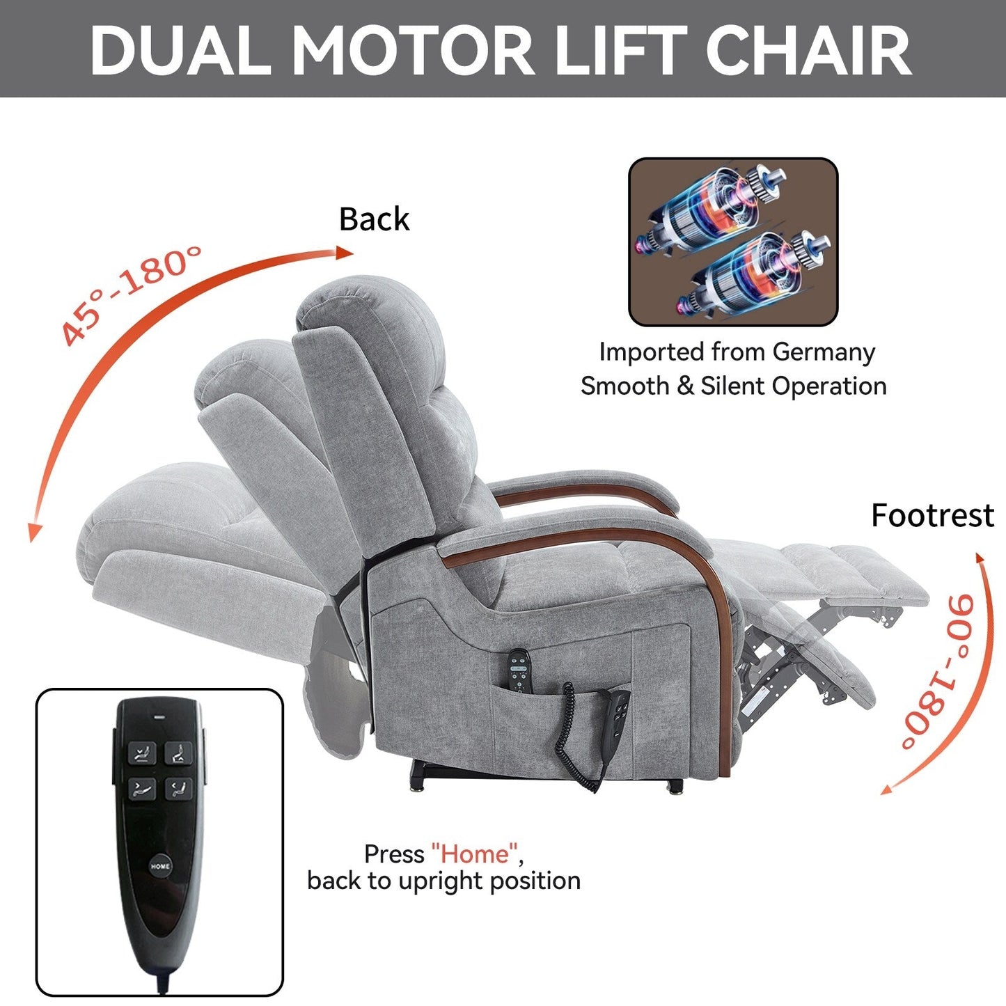 Fauteuil inclinable électrique à 180° avec massage et chauffage, accoudoirs en bois massif