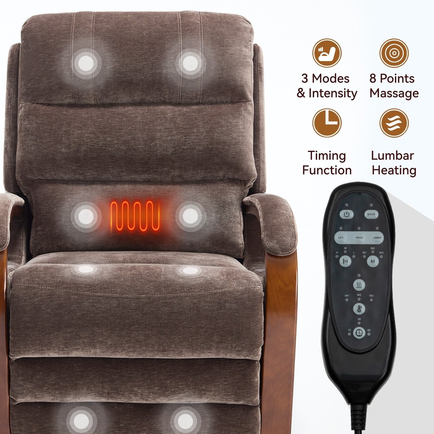 Fauteuil inclinable électrique à 180° avec massage et chauffage, accoudoirs en bois massif