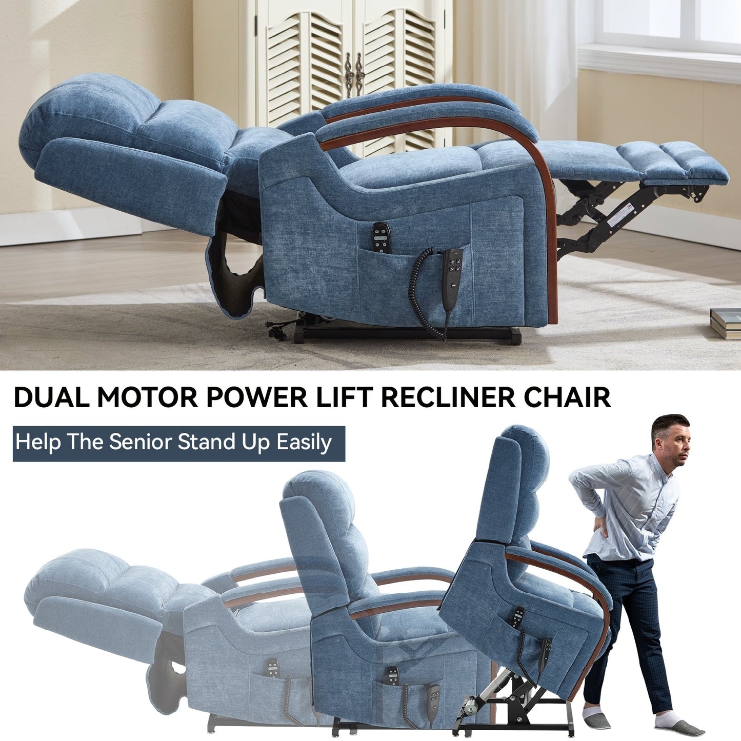 Fauteuil inclinable électrique à 180° avec massage et chauffage, accoudoirs en bois massif