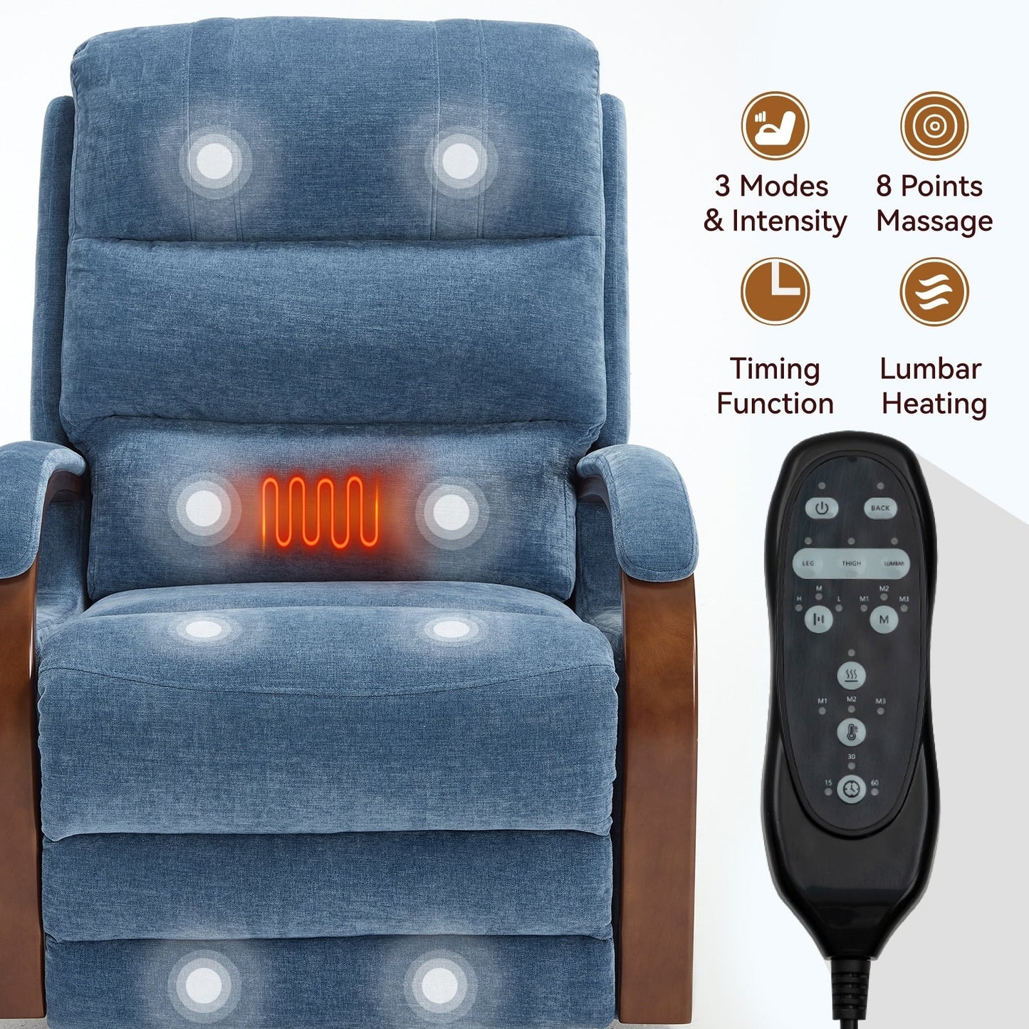 Fauteuil inclinable électrique à 180° avec massage et chauffage, accoudoirs en bois massif