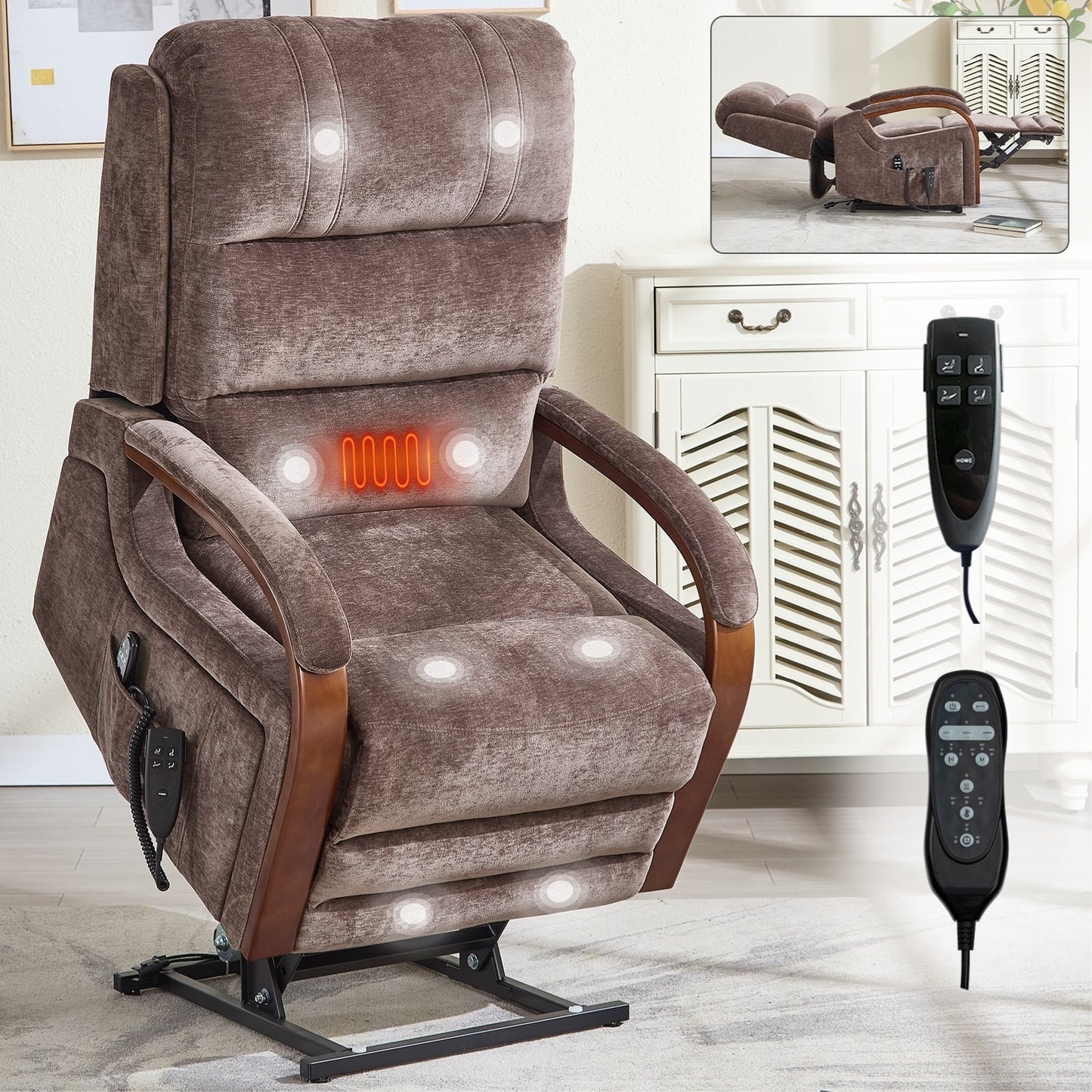 Fauteuil inclinable électrique à 180° avec massage et chauffage, accoudoirs en bois massif