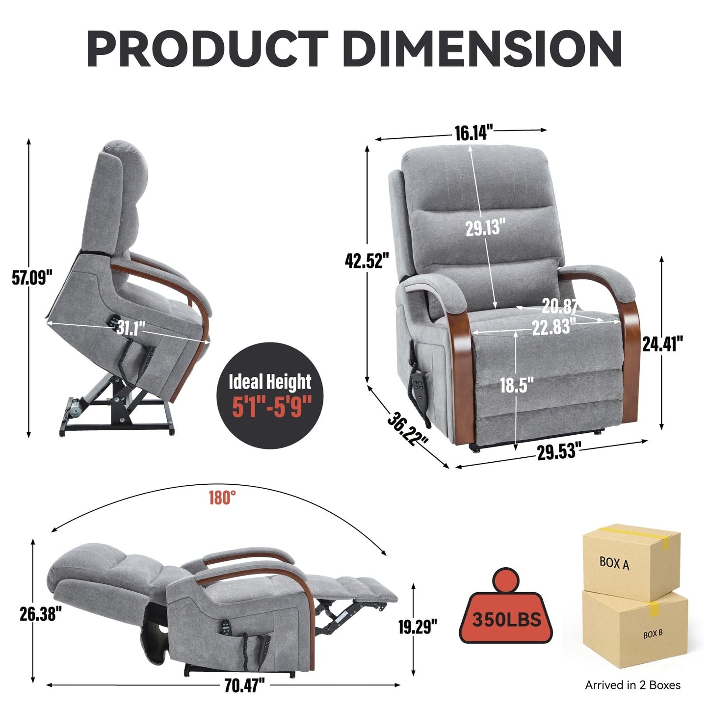 Fauteuil inclinable électrique à 180° avec massage et chauffage, accoudoirs en bois massif