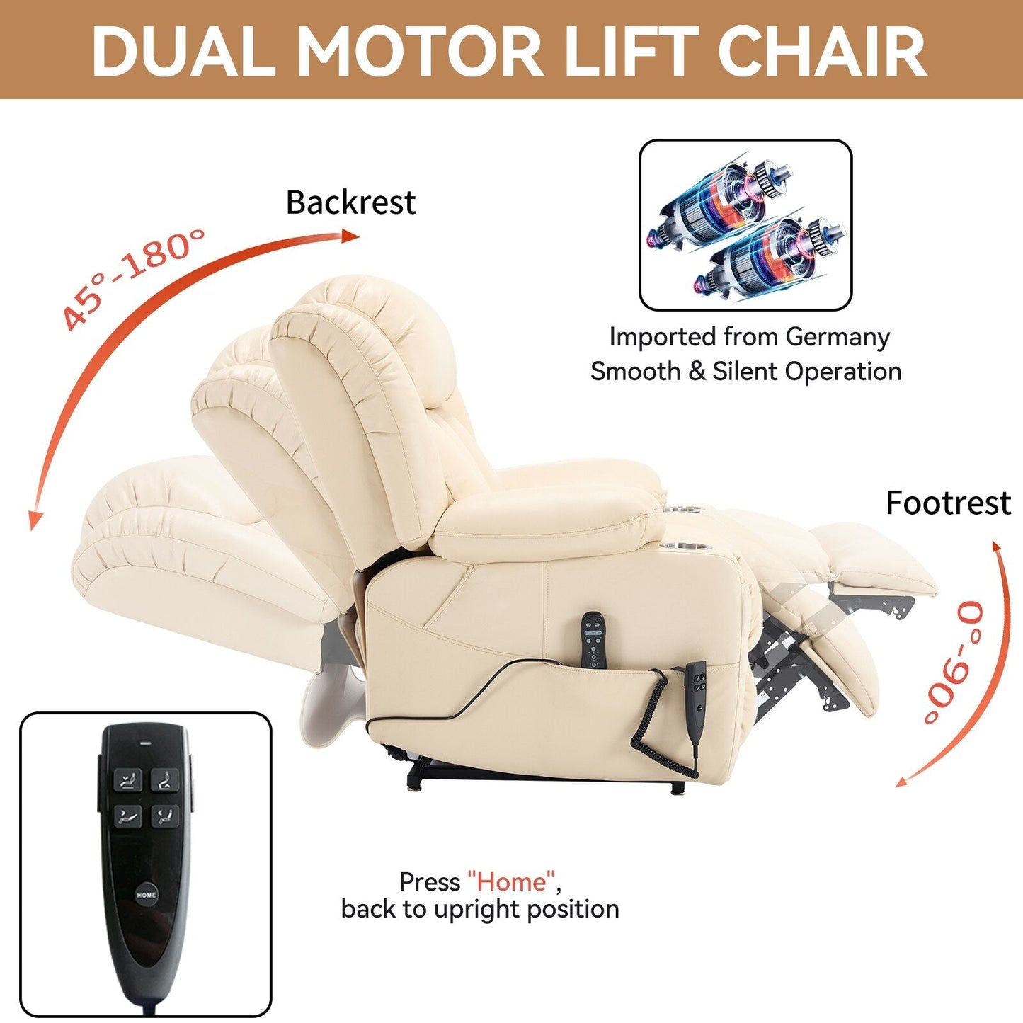 Fauteuil inclinable électrique à 180°, double moteur, porte-gobelets en acier inoxydable